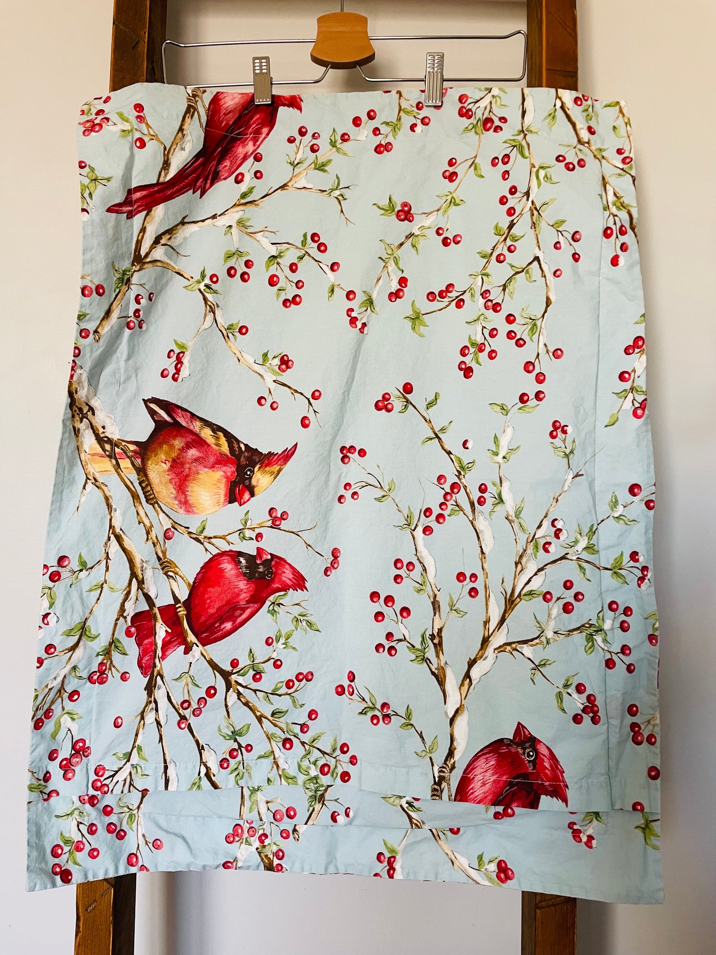 Pottery Barn 100% Cotton Full/Queen Size Duvet Cover Set with 2 Pillowcases (2011) - Winter Scene with Cardinals & Red Berries