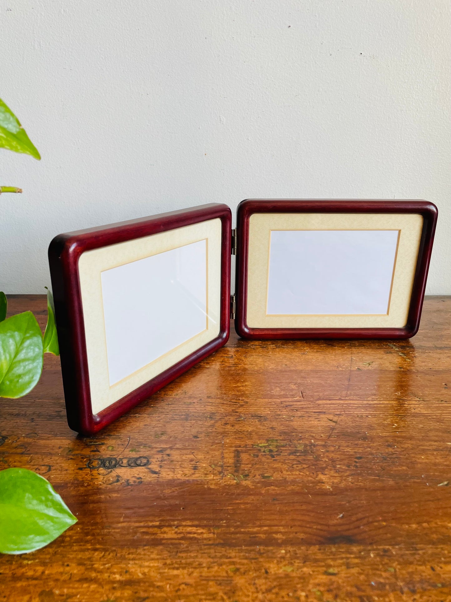 Vintage Hinged Wood Folding Double Picture Frame