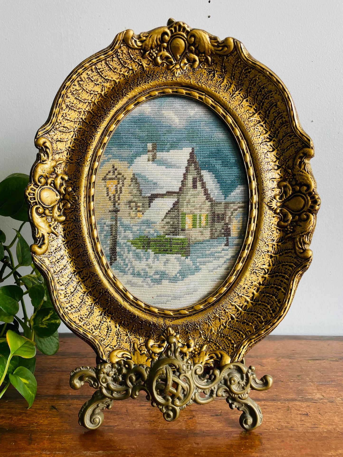 Needlepoint Embroidery Picture of Winter Night & House Scene in Ornate Gold Frame