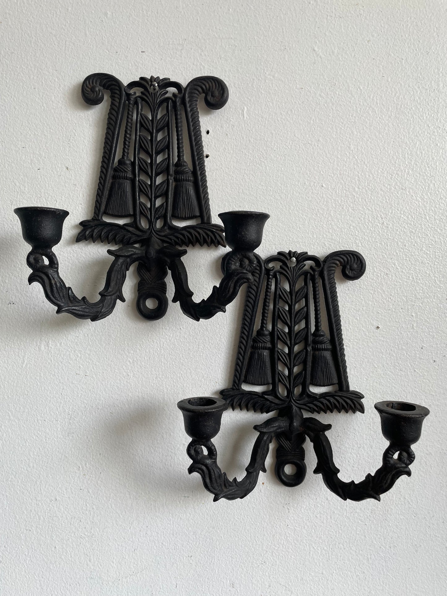 Vintage Wilton Cast Iron Double Candle Holder Wall Hanging Sconces - Set of 2