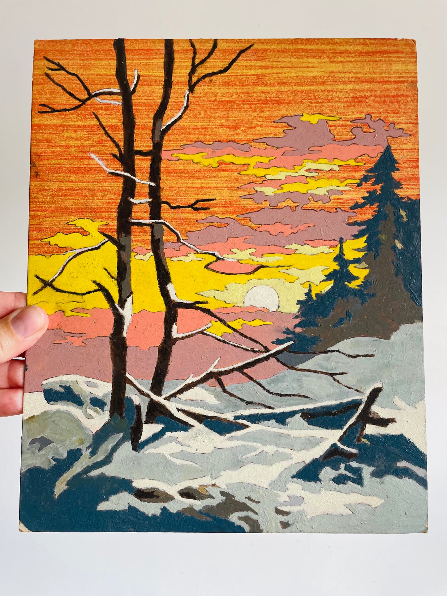 Vintage 1960s Paint by Number (PBN) Picture on Board of Sunrise or Sunset Over Snowy Forest - 8" x 10"