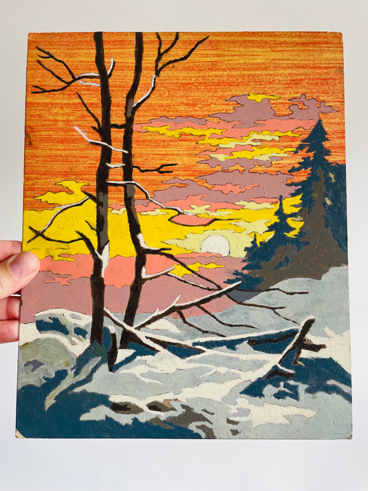 Vintage 1960s Paint by Number (PBN) Picture on Board of Sunrise or Sunset Over Snowy Forest - 8" x 10"