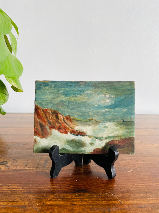 Original Art Painting of Ocean Waves Crashing into Rocks - Painted on Ernest Tinchant Wood Cigar Box Lid  - Found in Lisbon, Portugal