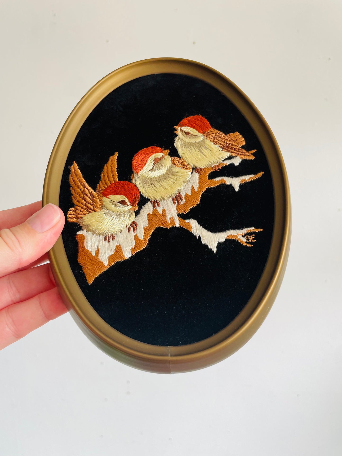 Vintage Ecstasy Giftware Oval Embroidery on Black Velvet Picture of Chickadee Birds in Winter