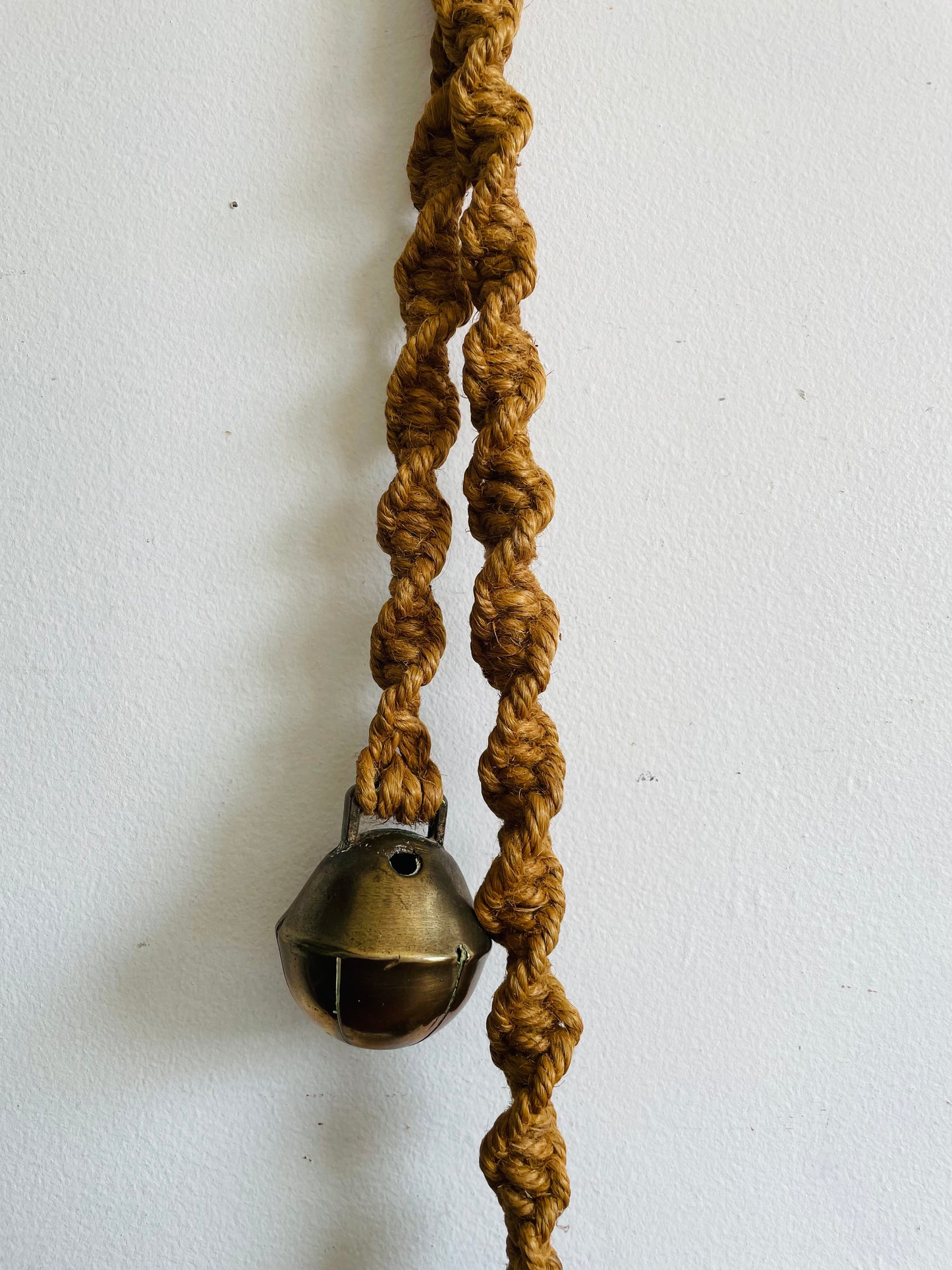 Vintage Handwoven Jute Rope Macrame Garland with Large Brass Jingle Bells - Wall Decor, Chime, Curtain Tieback, Etc.