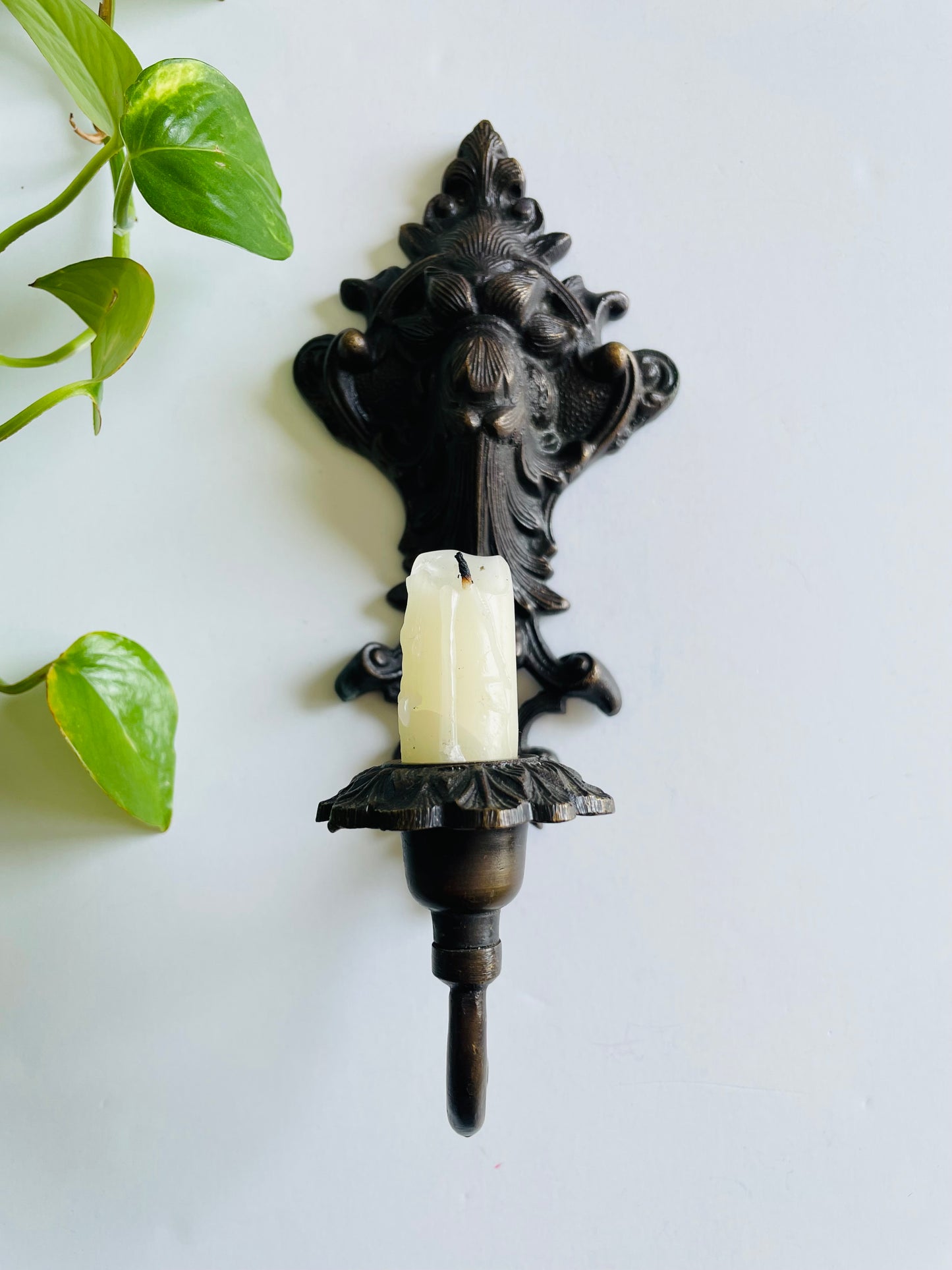 Vintage Ornate Cast Metal with Bronze Finish Wall Sconce Candle Holder