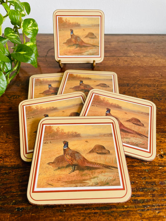Vintage Royal Table Cork-Backed Coasters with Pheasant Bird Design #2 - Set of 6