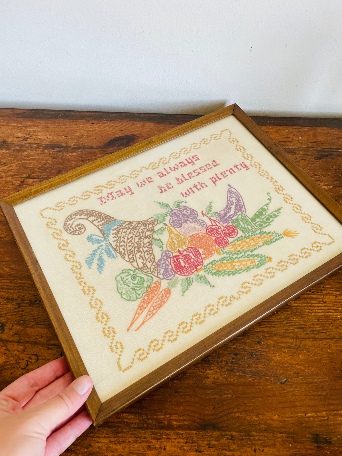 Vintage 1969 Cross Stitch Embroidery Picture - May We Always Be Blessed With Plenty - Made By “Granny Stebbel” at 80 Years Old