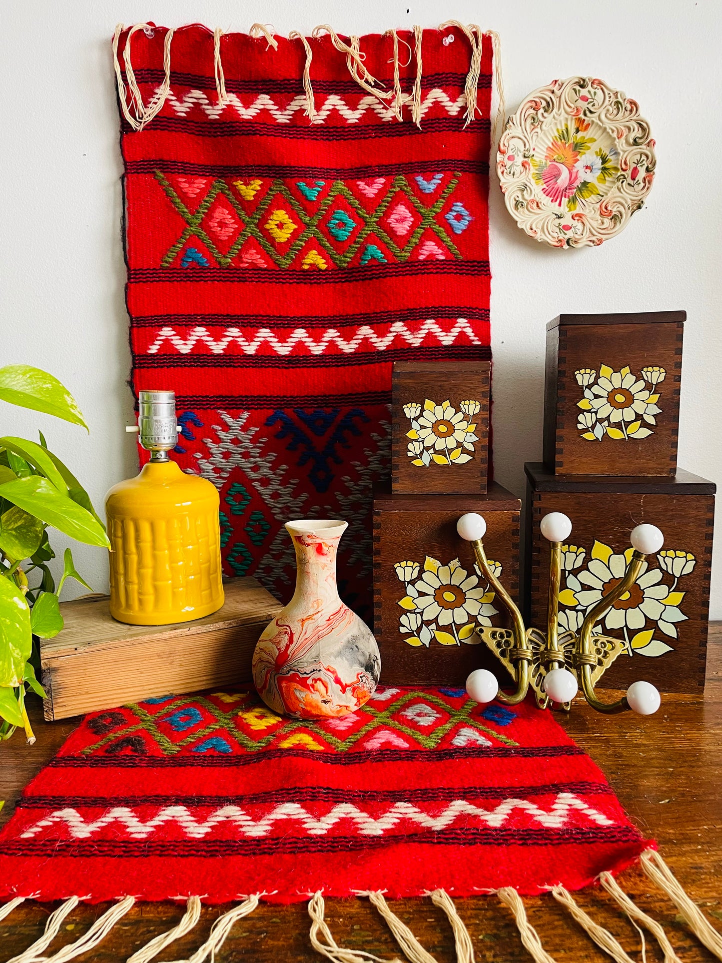 Vintage Hand Knotted Red Wool Table Runner or Narrow Rug with Brightly Coloured Geometric Pattern - 3.5 Feet Long