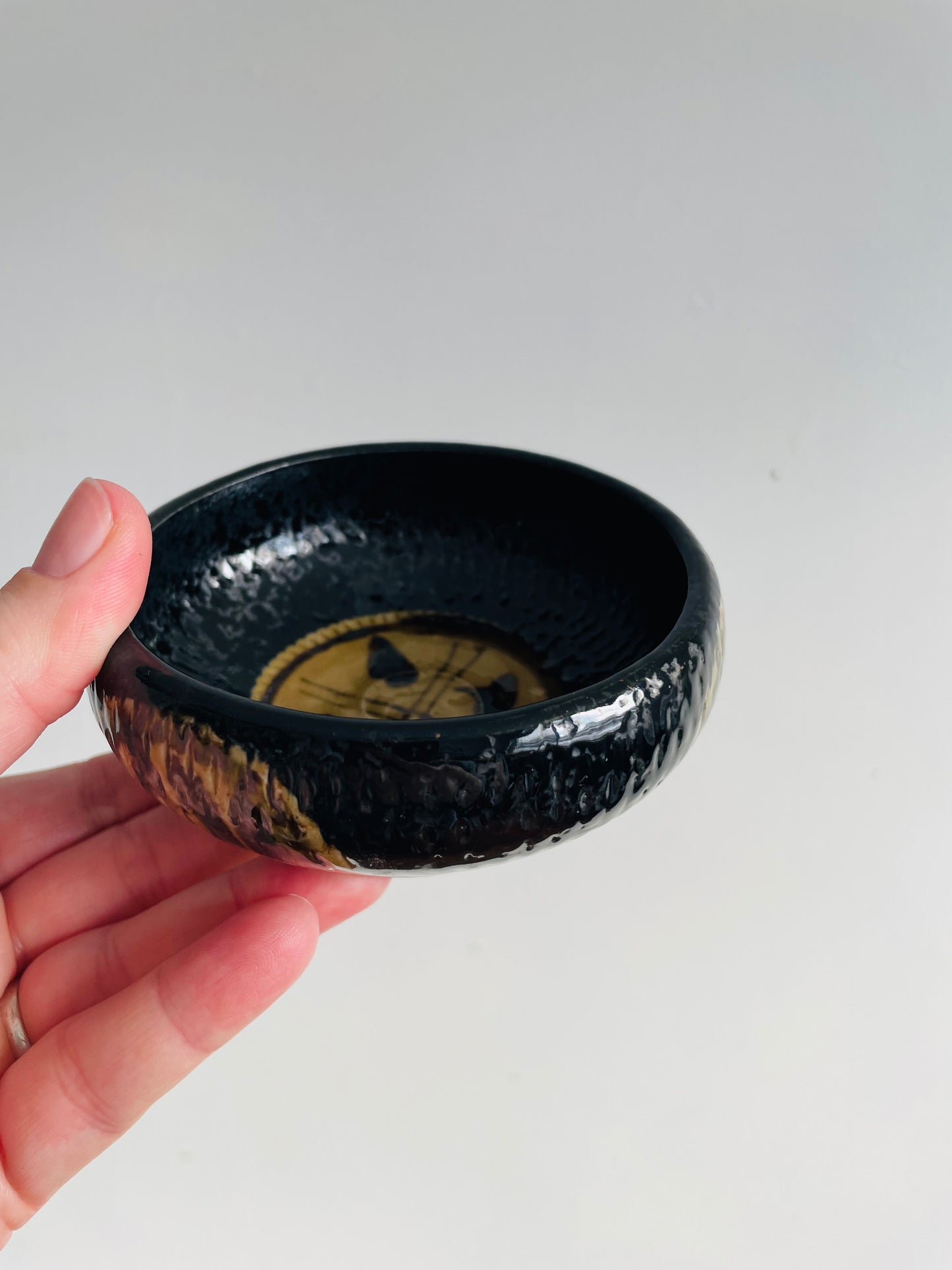 Pottery Trinket Bowl Dish with Black & Brown Design