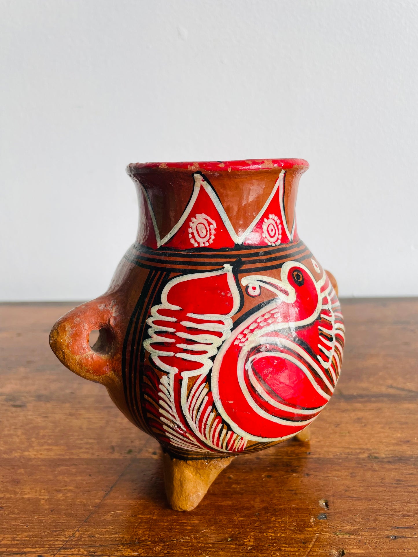 Mexican Folk Art Pottery Footed Vase Vessel with Handles & Bird Design