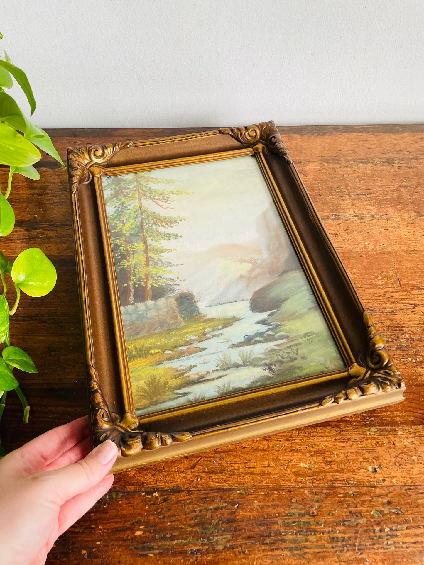 Antique Pastel Painting Picture in Ornate Frame - Landscape Nature Scene of Mountains, Forest & Stream