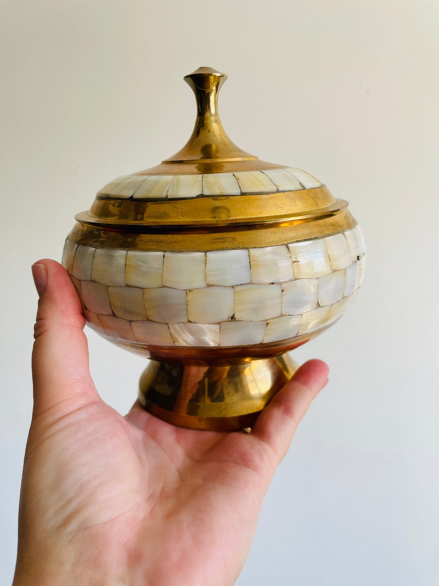 Beautiful Brass Pedestal Bowl with Lid & Inlaid Mother of Pearl Tiles