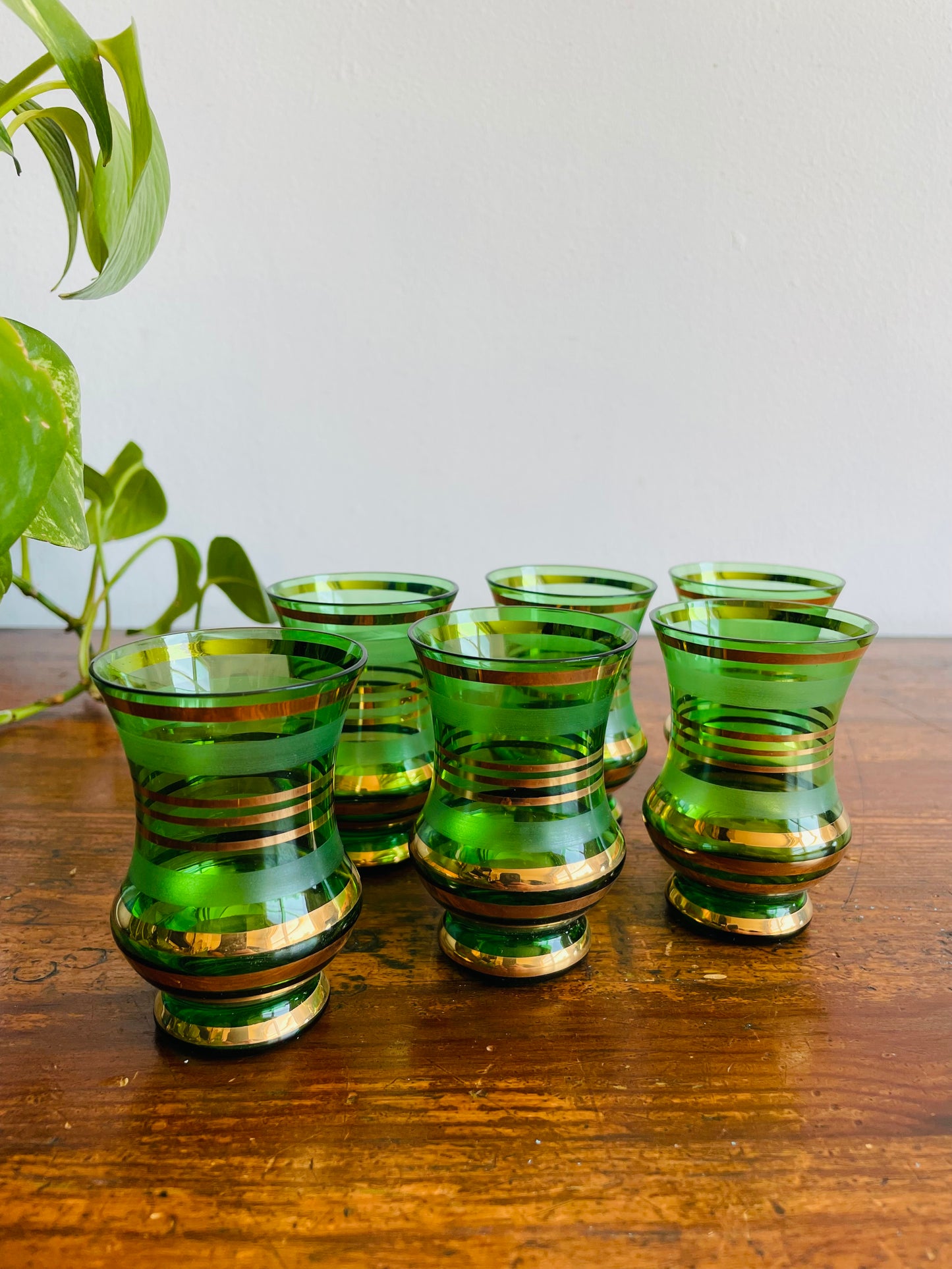 Green Glass with Frosted Bands & Gold Stripes Shot or Cordial Glasses - Set of 6