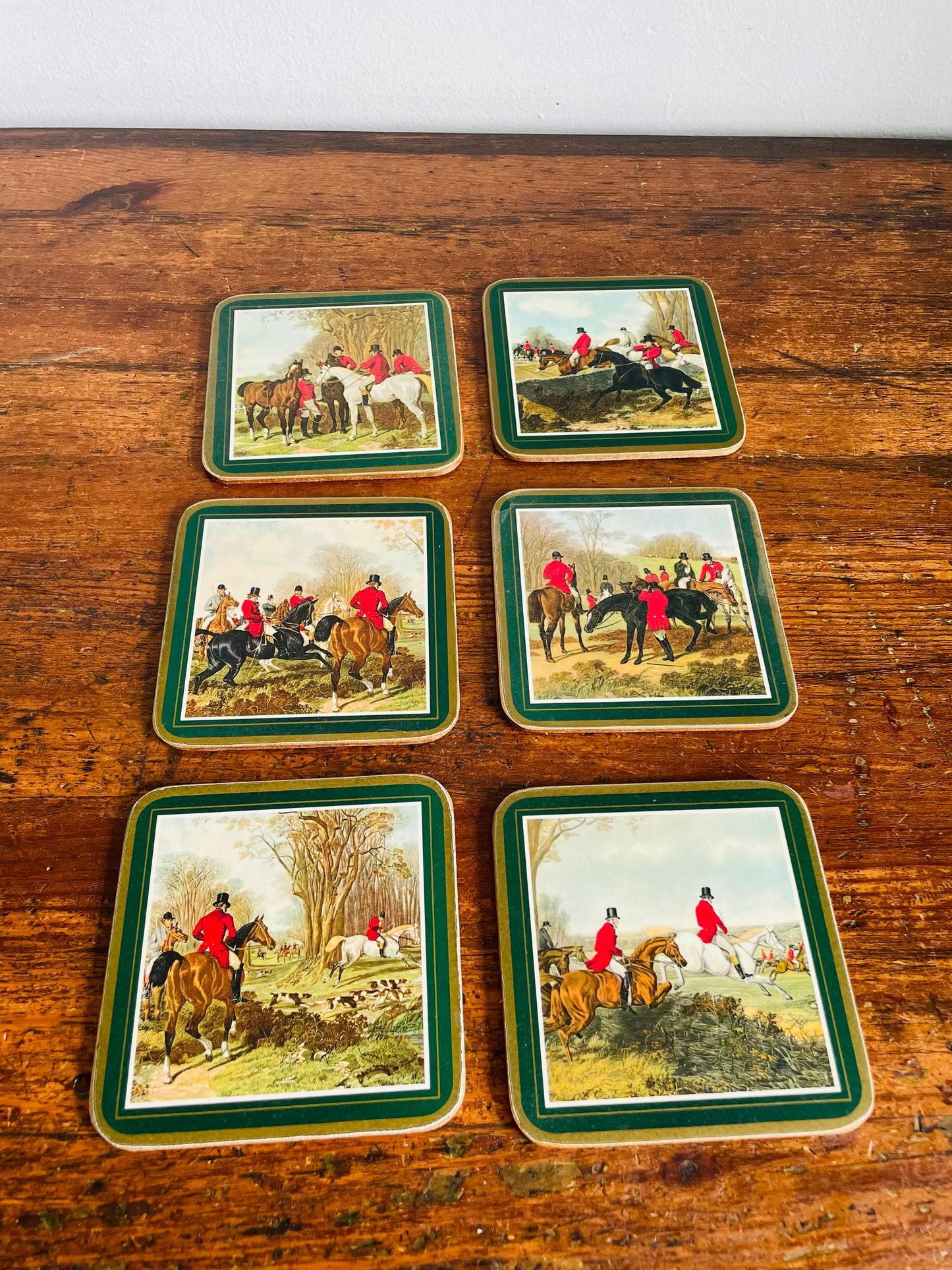 Vintage Pimpernel Cork Backed Coasters with English Rider, Dog & Horse Scenes - Made in England - Set of 6