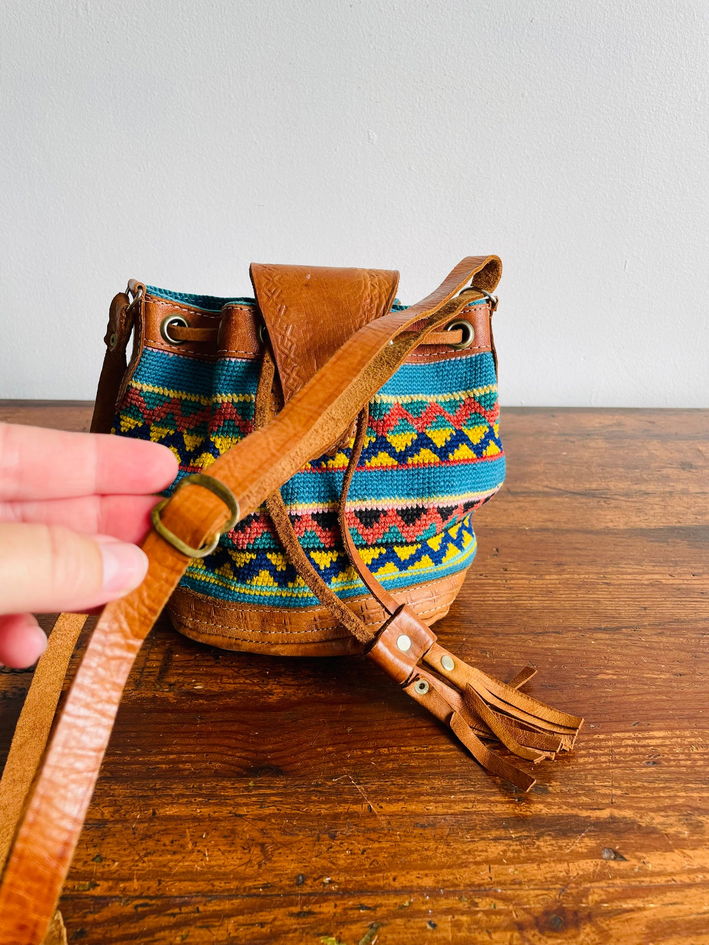 Tooled Leather & Brightly Woven Tapestry Fabric Purse