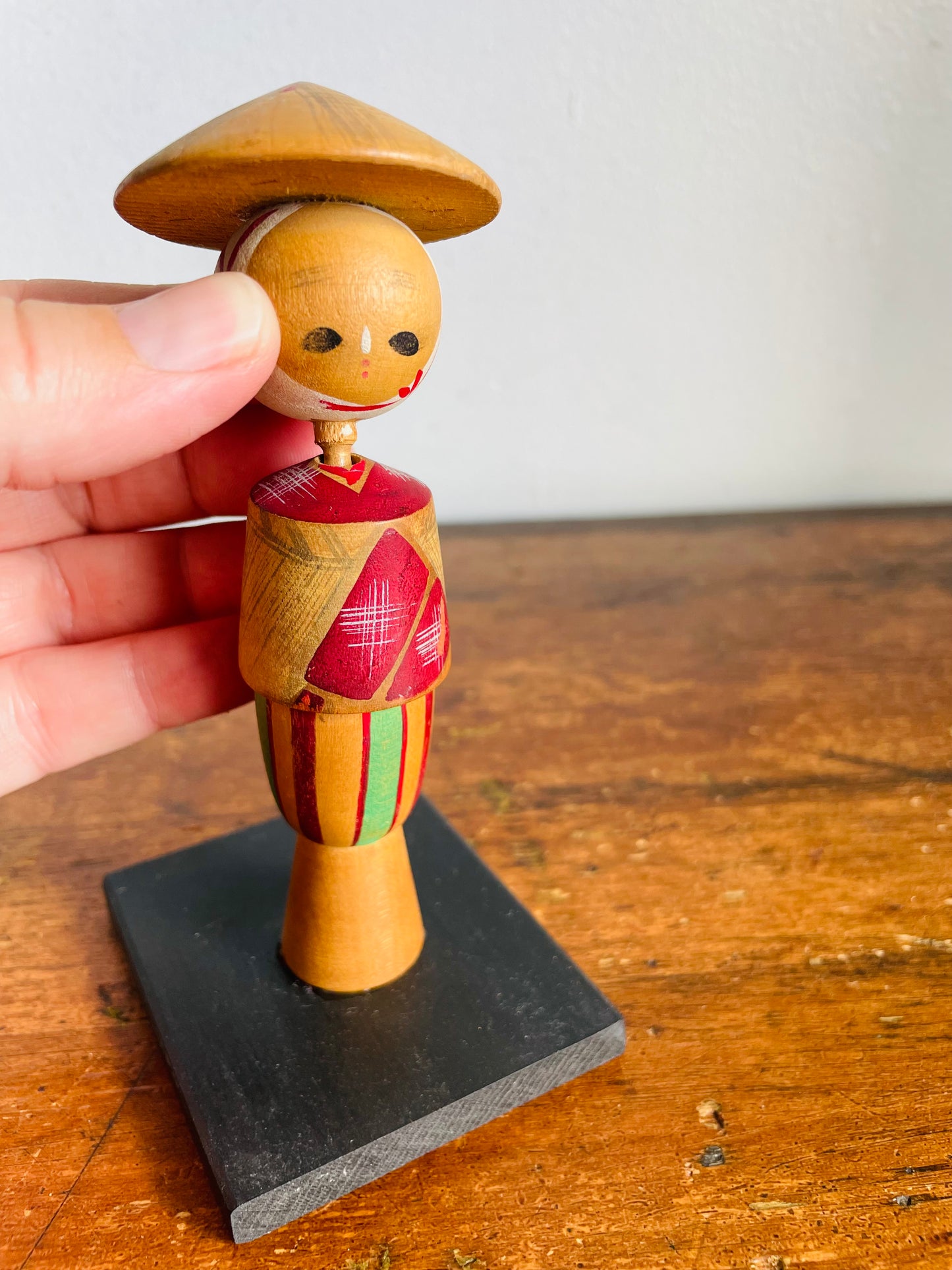 Vintage 5" Tall Japanese Wooden Kokeshi Bobblehead Doll with Maroon Dress & Hat on Base