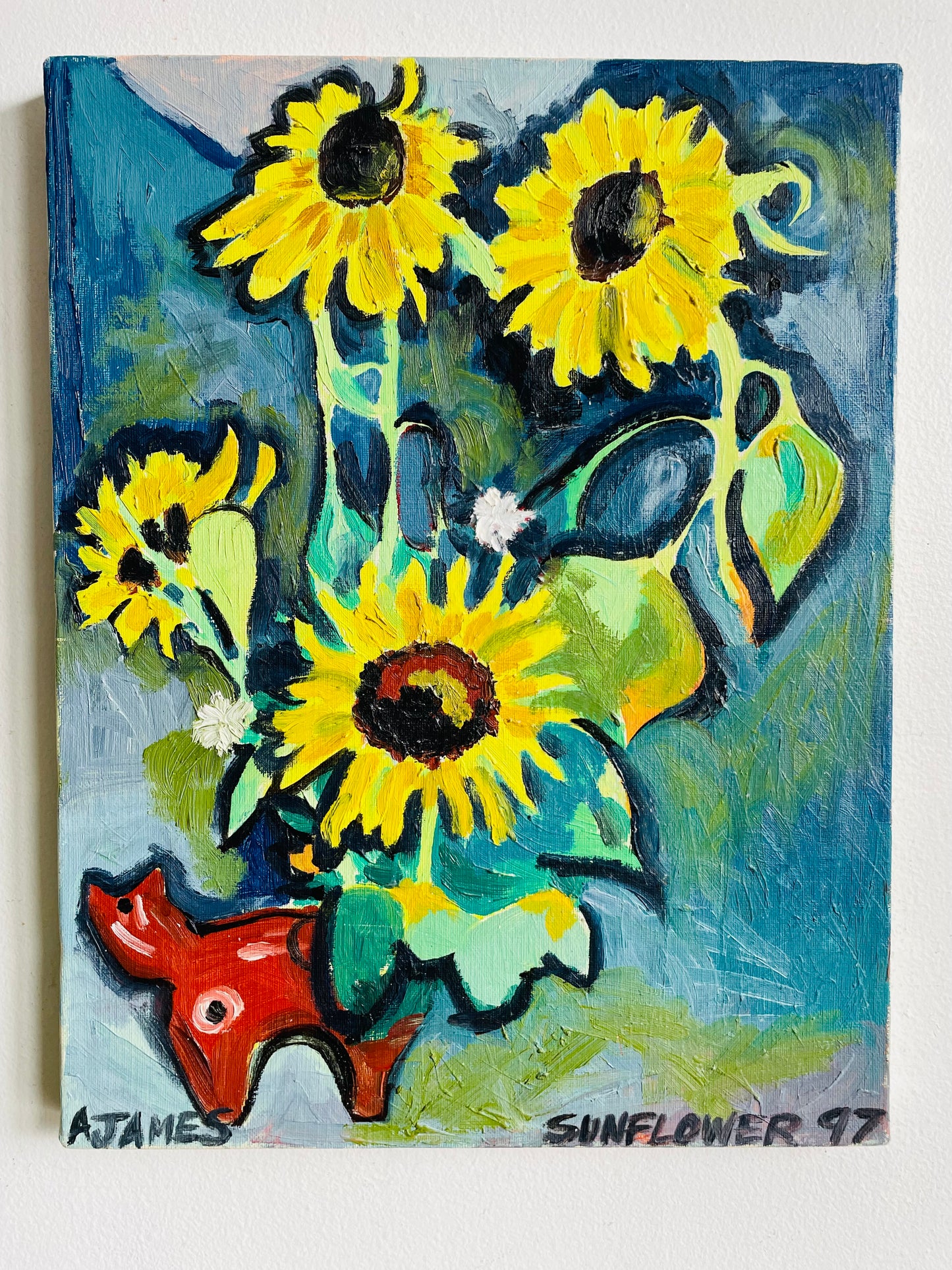 Vintage 1997 Sunflower Garden & Cat Abstract Original Art Painting on Canvas - Artist Signed A. James