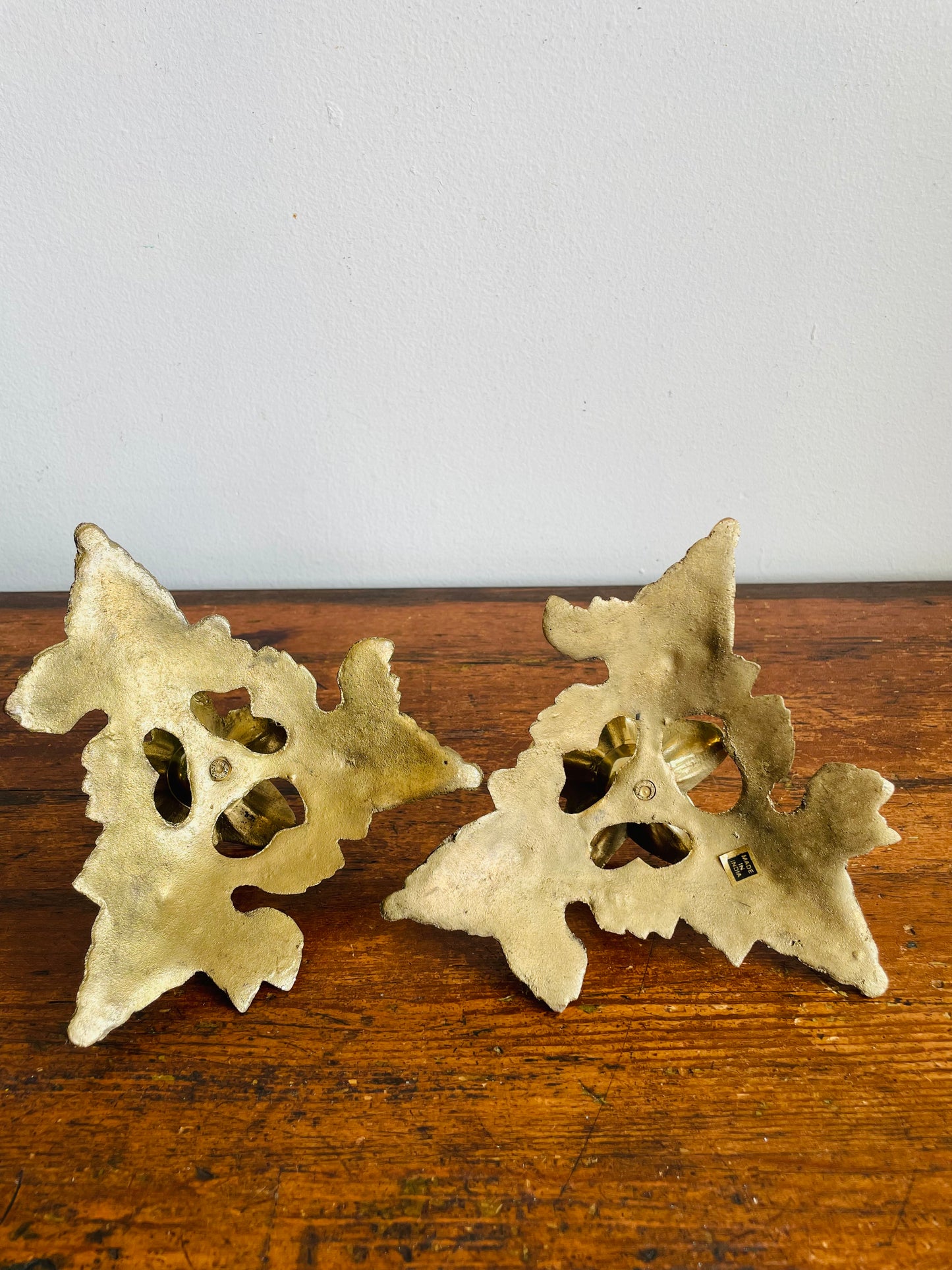 Vintage Solid Brass Candle Holders with Elaborate Grape & Leaf Design - Made in India - Set of 2