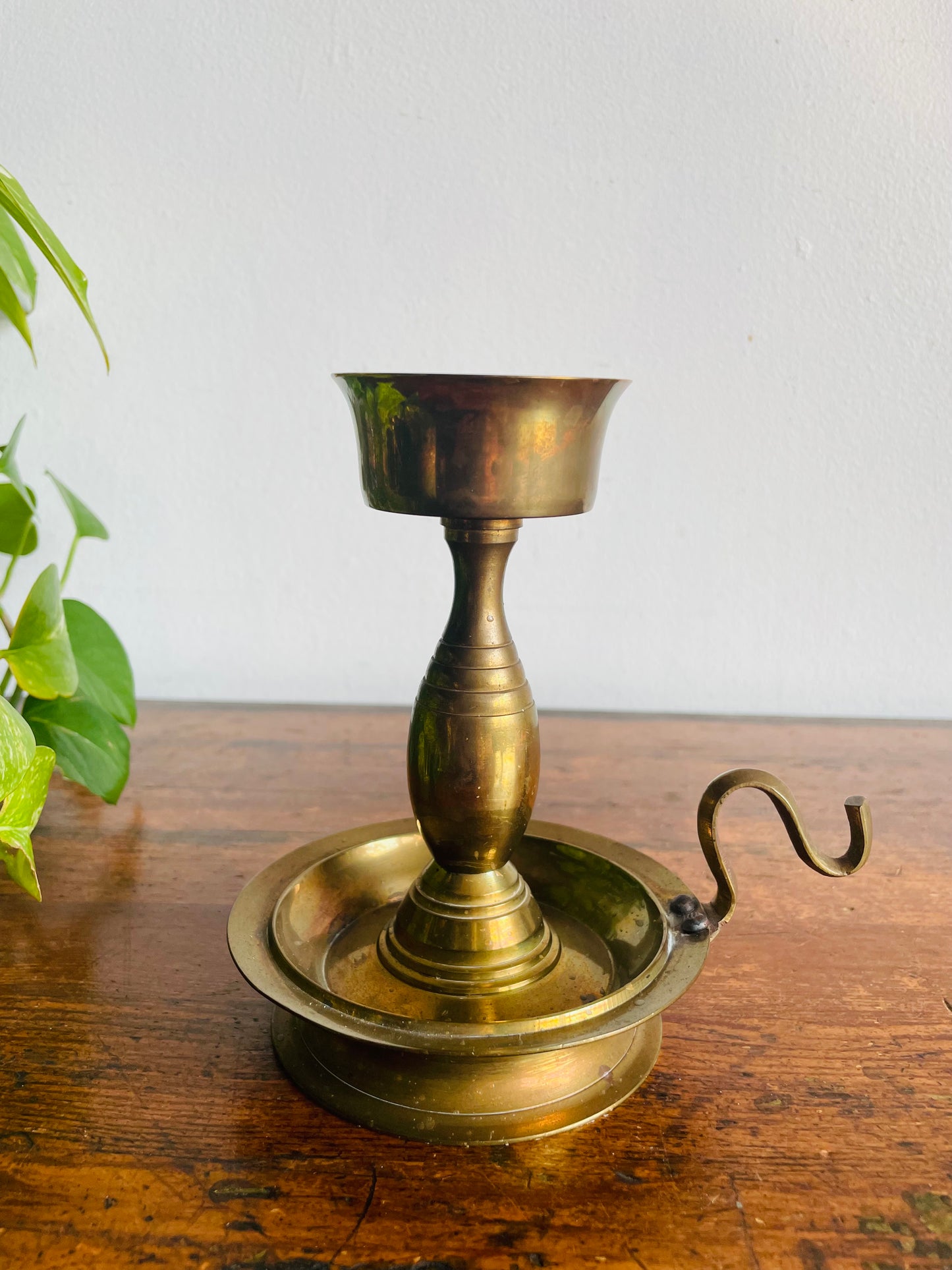 Vintage H Solid Brass Handmade Chamberstick Candle Holder with Spike - Can Hold Thicker Tapers - Made in India