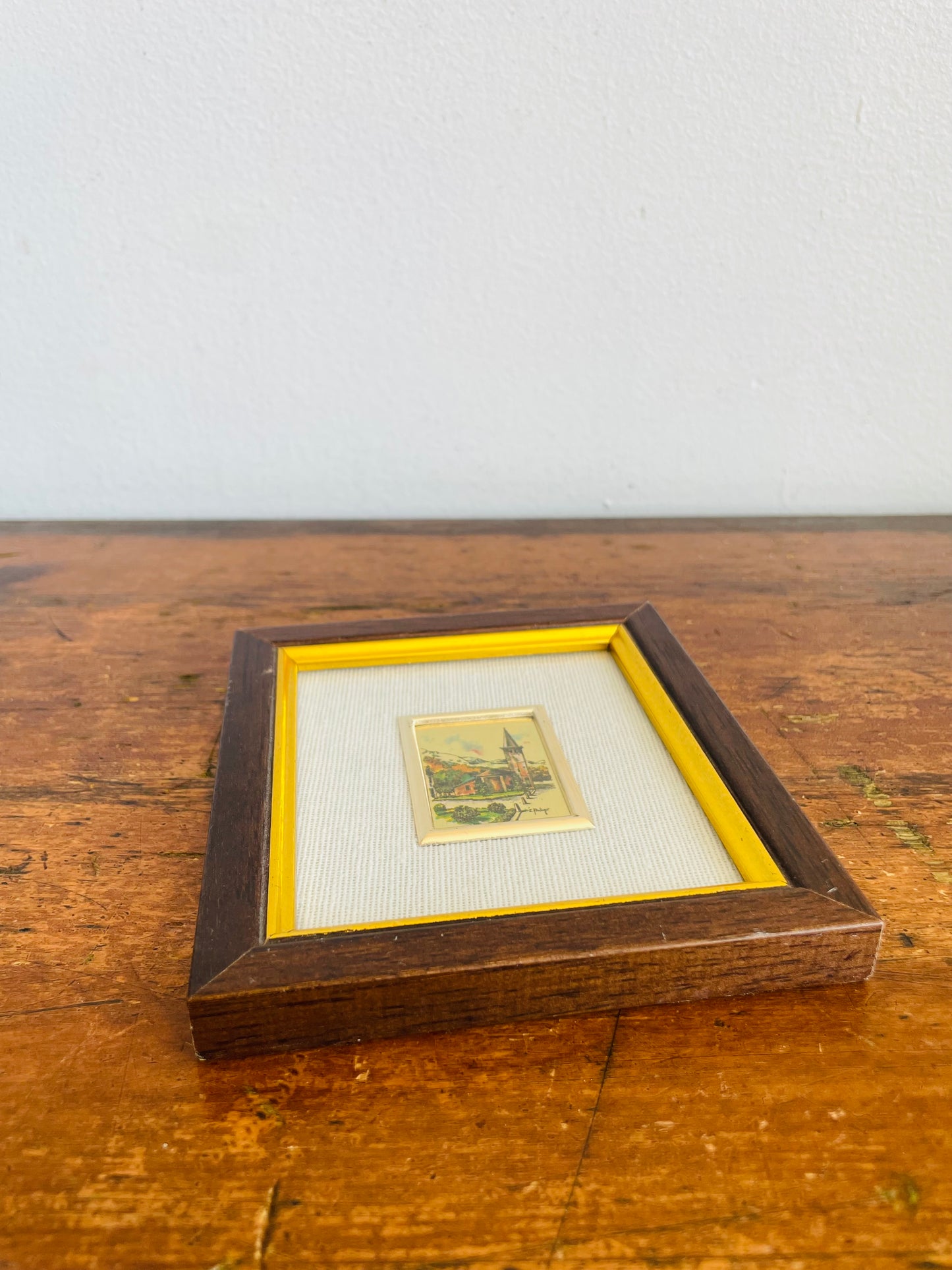 Vintage Italian Hand-Pressed Lithography on Gold Leaf Picture with Small European Village Scene
