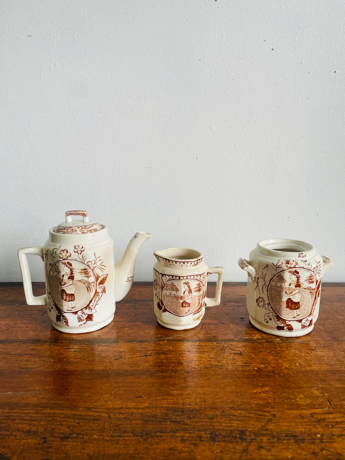 Antique Late Victorian 1880-1890 "Little May / Mae" Pattern 753 Sepia Brown Transferware Children's Toy Tea Set - Charles Allerton & Sons England - Plates, Bowl, Creamer, Biscuit Jar & Teapot - Set of 6 Pieces