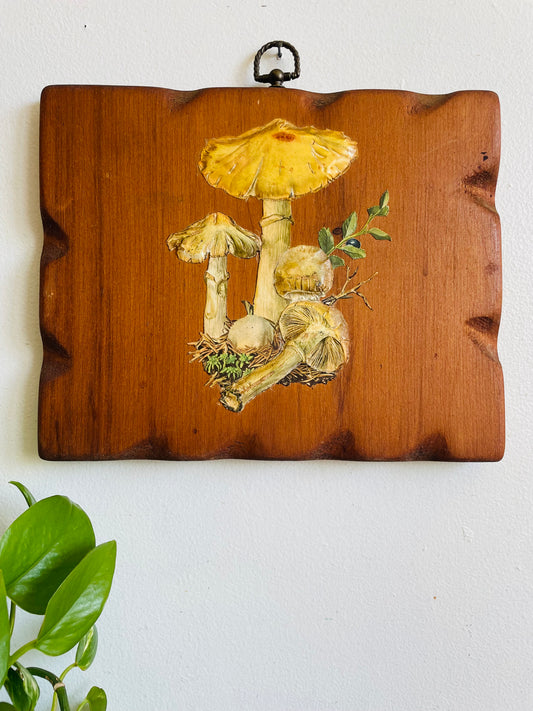 Vintage Wood Plaque Picture With Raised Decoupage Mushrooms - Earthy Natural Decor
