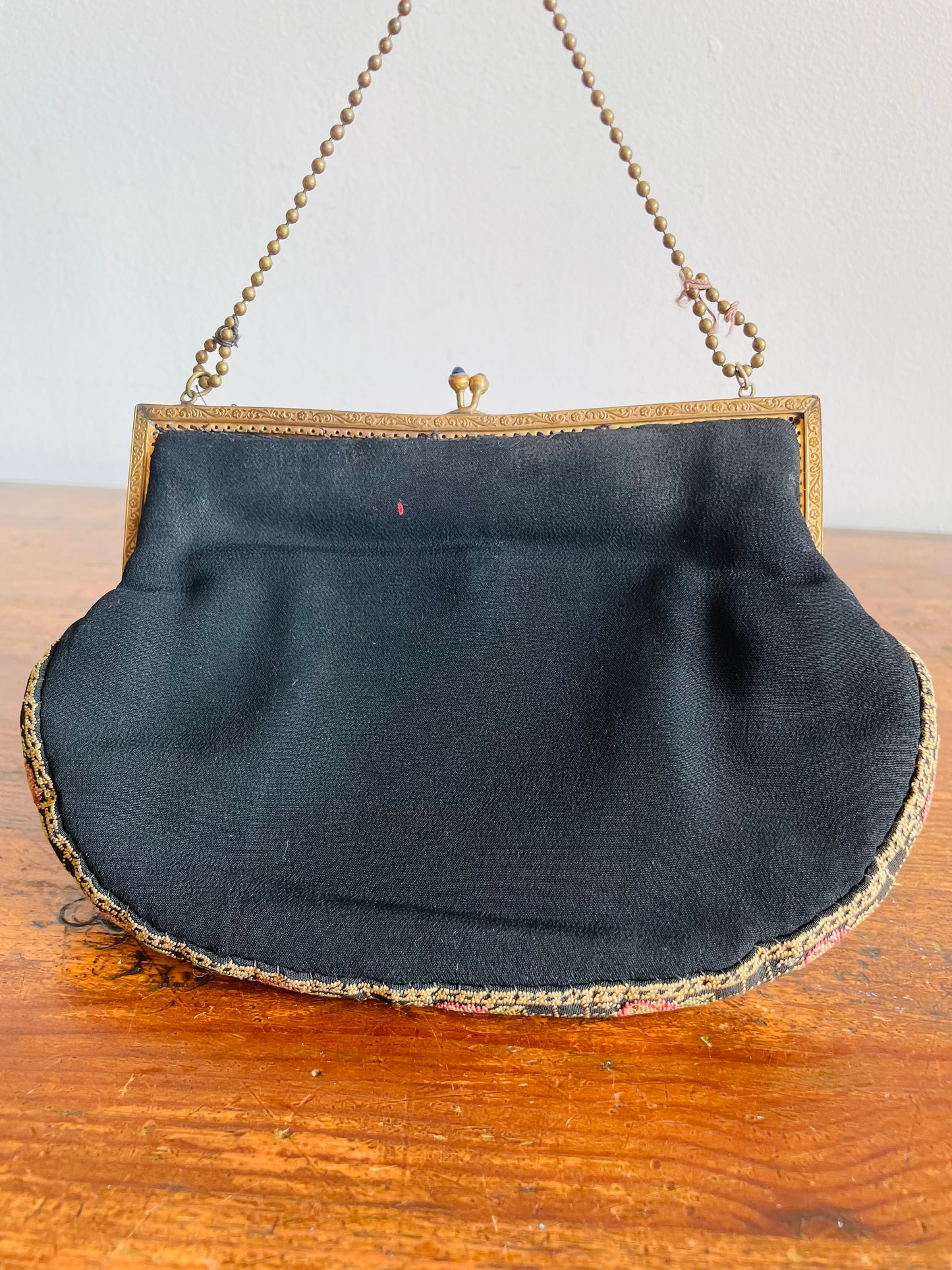 Delicate 1920s Black Evening Bag Purse on Brass Chain with Floral Petit Point Embroidery - Has Attached Coin Purse Inside