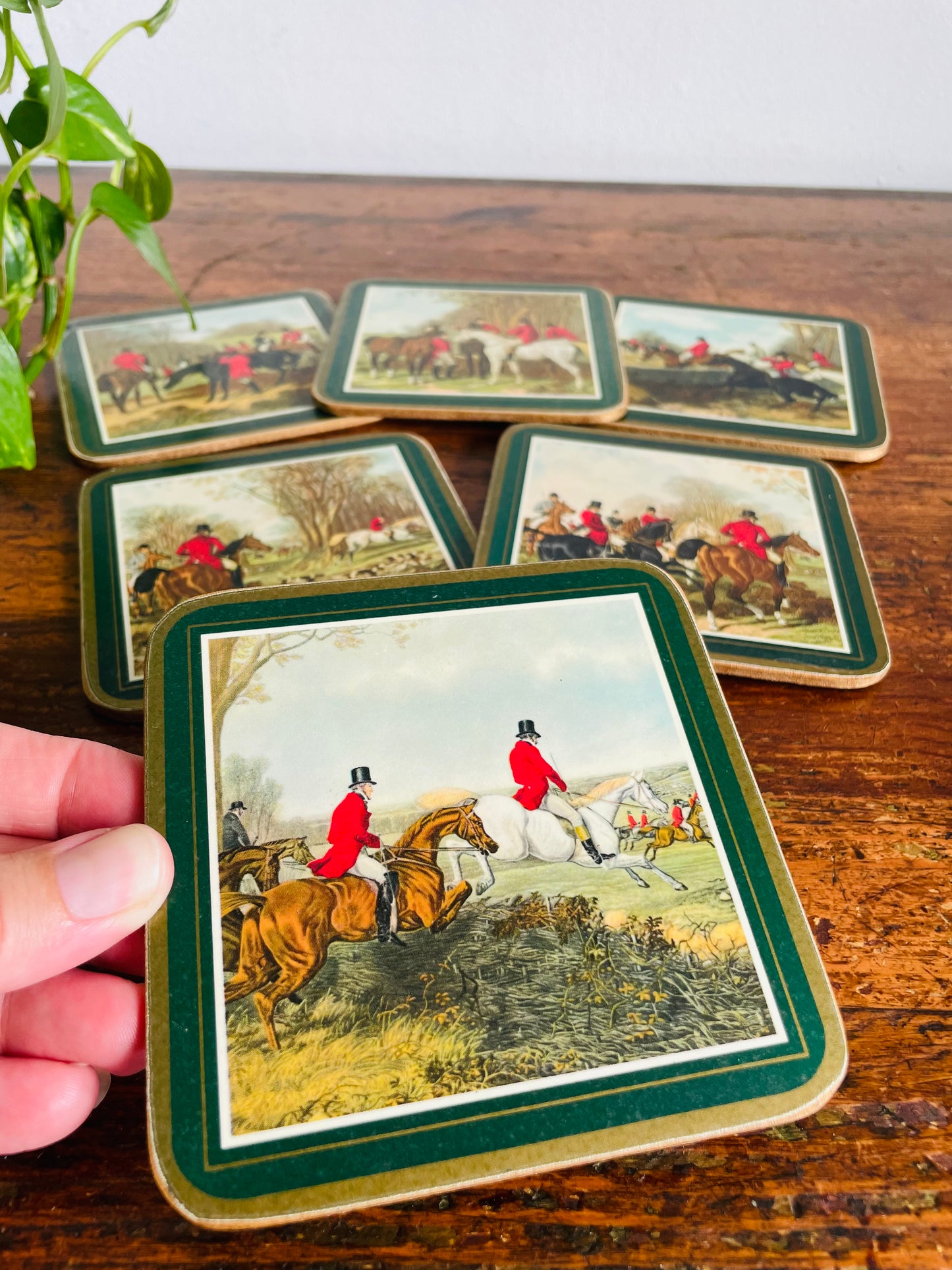 Vintage Pimpernel Cork Backed Coasters with English Rider, Dog & Horse Scenes - Made in England - Set of 6