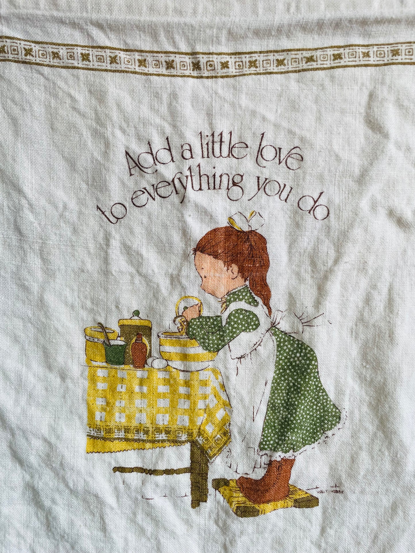 1977 Calendar Holly Hobbie Tea Towel - Carleton Cards Limited - Add a Little Love to Everything You Do