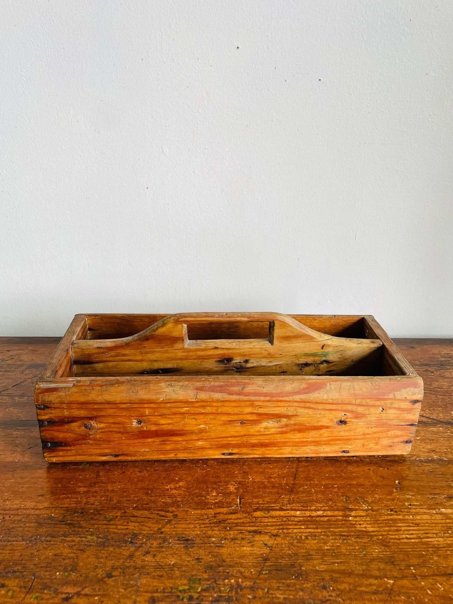 Vintage Divided Wood Caddy Crate Tray Box with Handle & Rustic Patina - As-Is