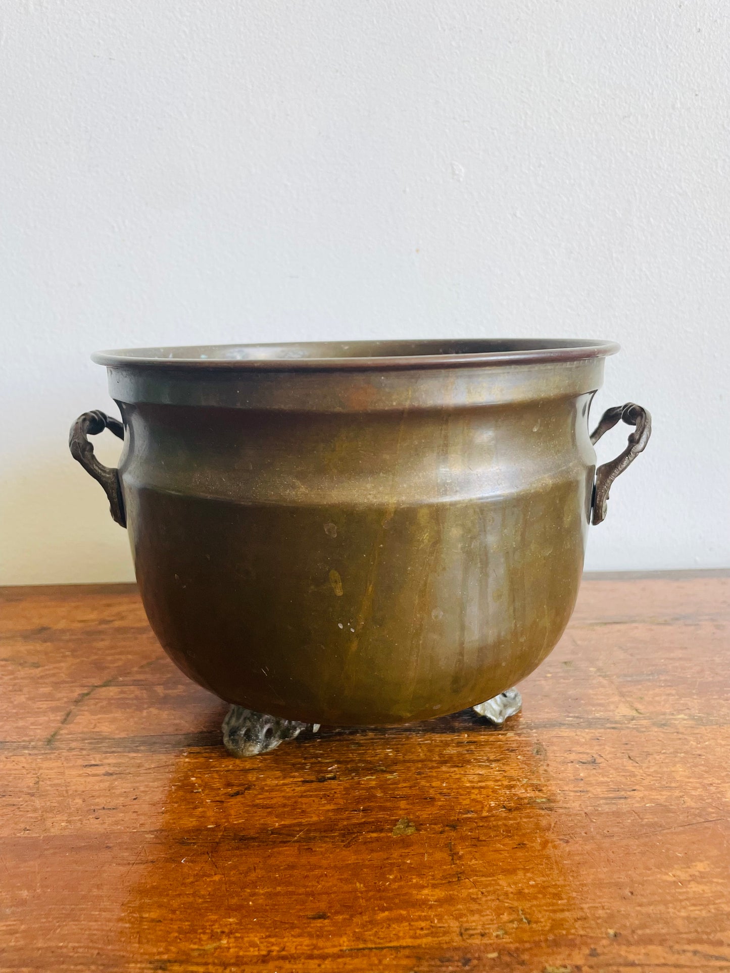 Vintage Solid Brass Footed 7" Planter Pot with Handles & Dark Patina