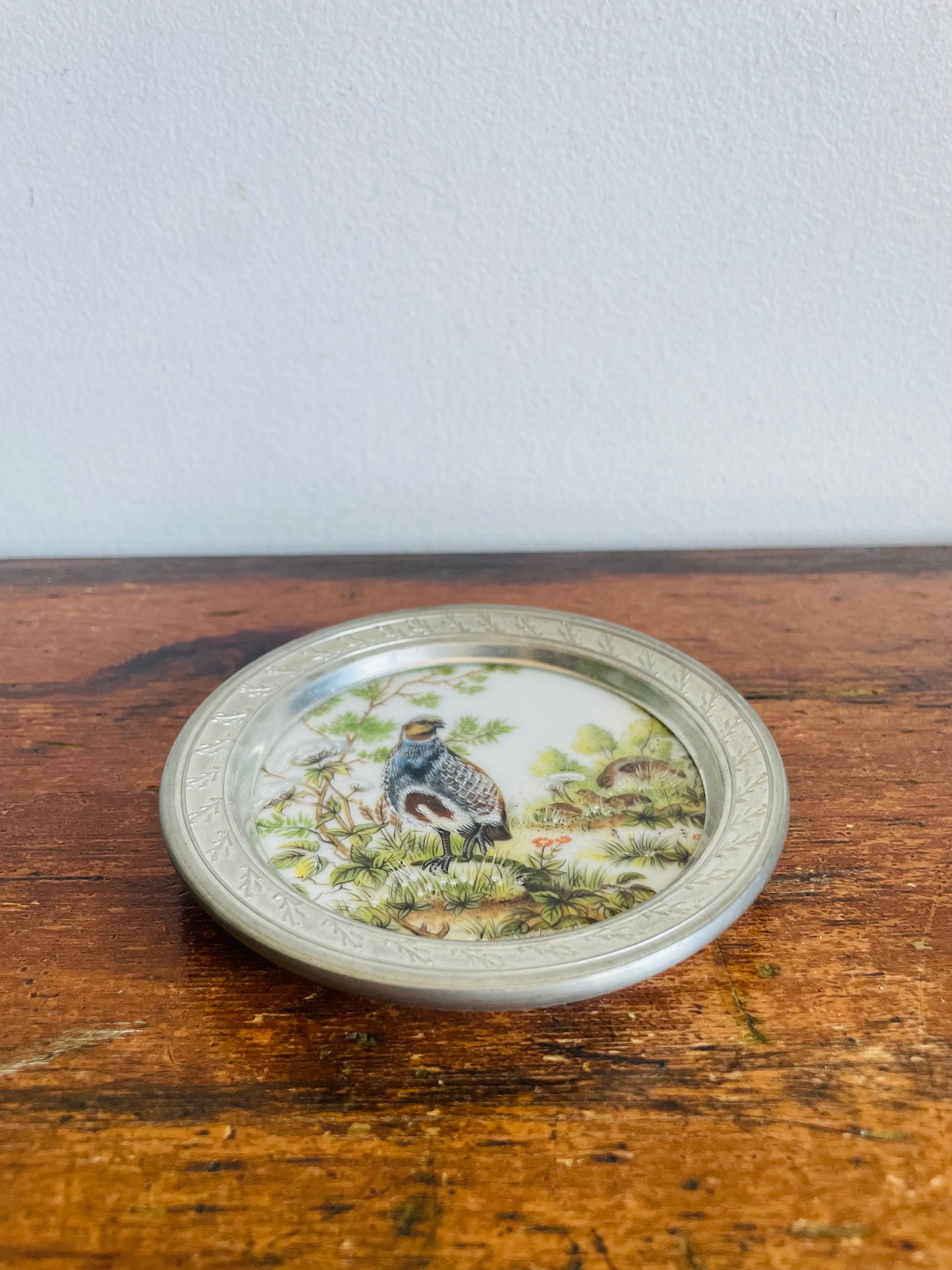 Vintage Kaiser West Germany Porcelain & Pewter Coaster, Trinket Dish, or Wall Hanging Picture with Quail Bird Design - Includes Optional Wall Hanging Hook