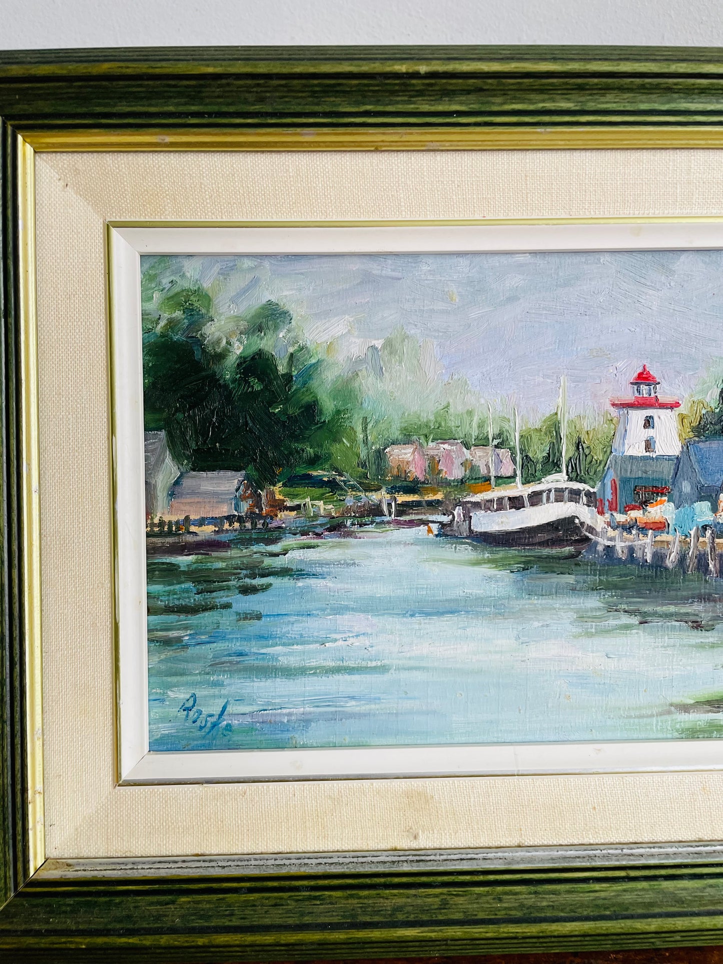 Vintage Original Art Painting Picture of Boats Along Pier in Green Wood Frame - Artist Signed