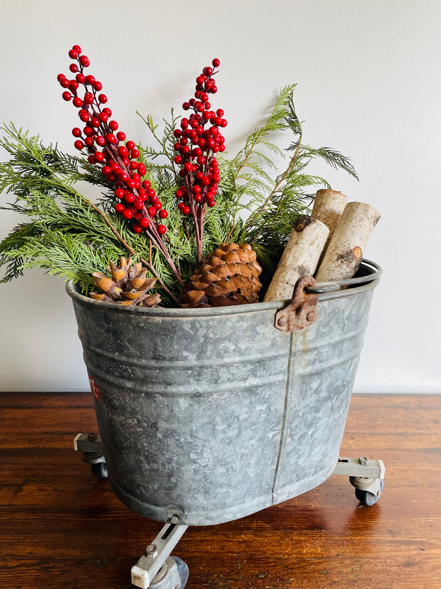 Rustic Galvanized Steel Mop Bucket on Caster Wheels with Handle - White Mop Wringer Co. of Canada - Paris, Ontario