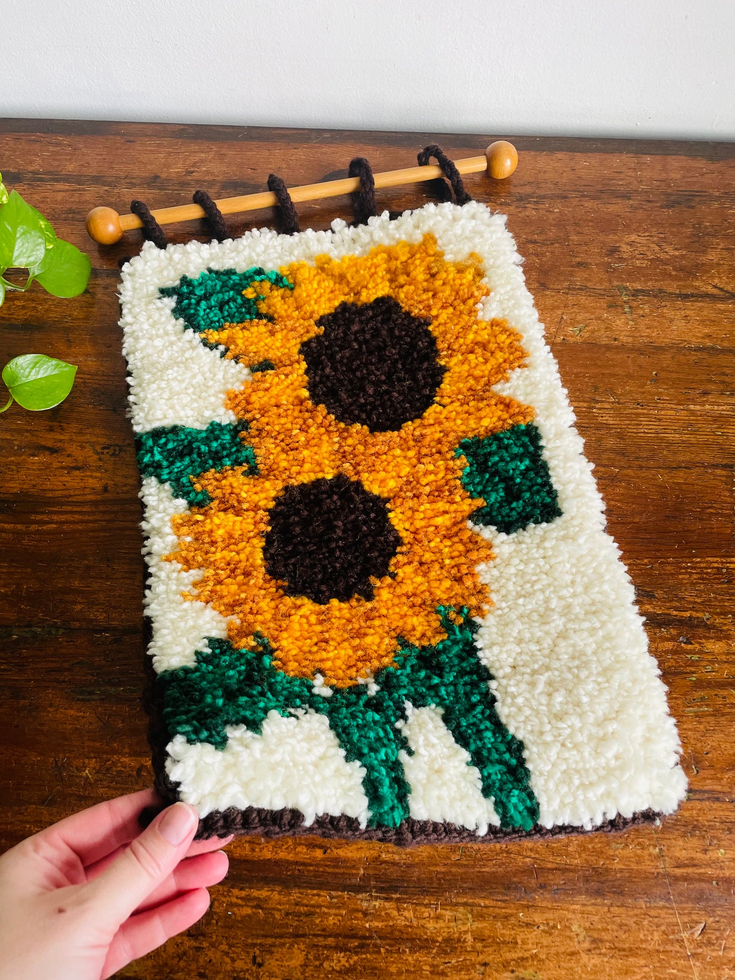 Vintage 1970s Cheerful Sunflowers Latch Hook Rug Wall Hanging Textile on Wood Dowel