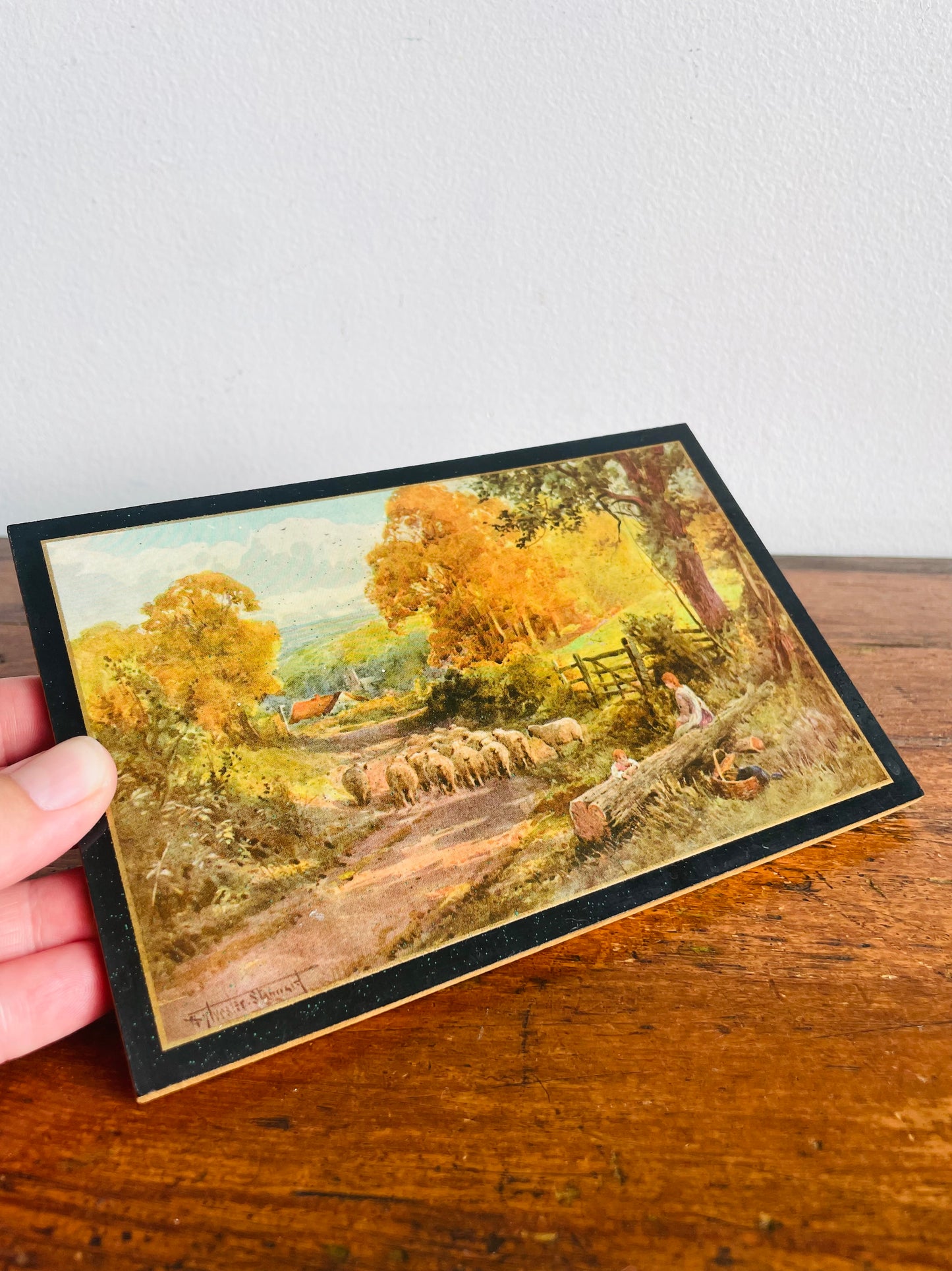 Vintage Print Picture on Wood Plaque with Country Road, Farm, Sheep, Mother & Child, Picnic Scene