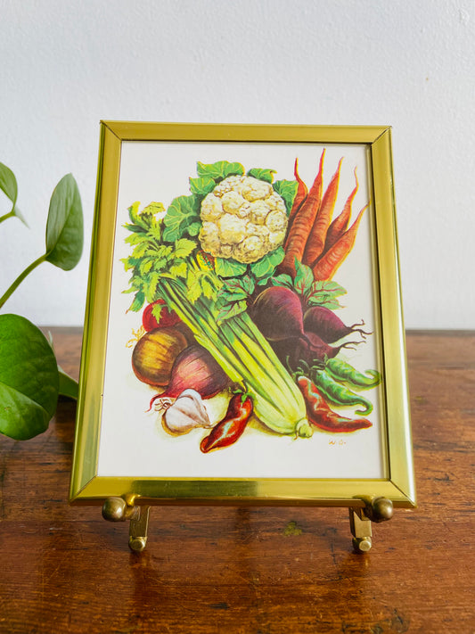 Vintage Small Vegetable Harvest Print Picture in Gold Metal Frame
