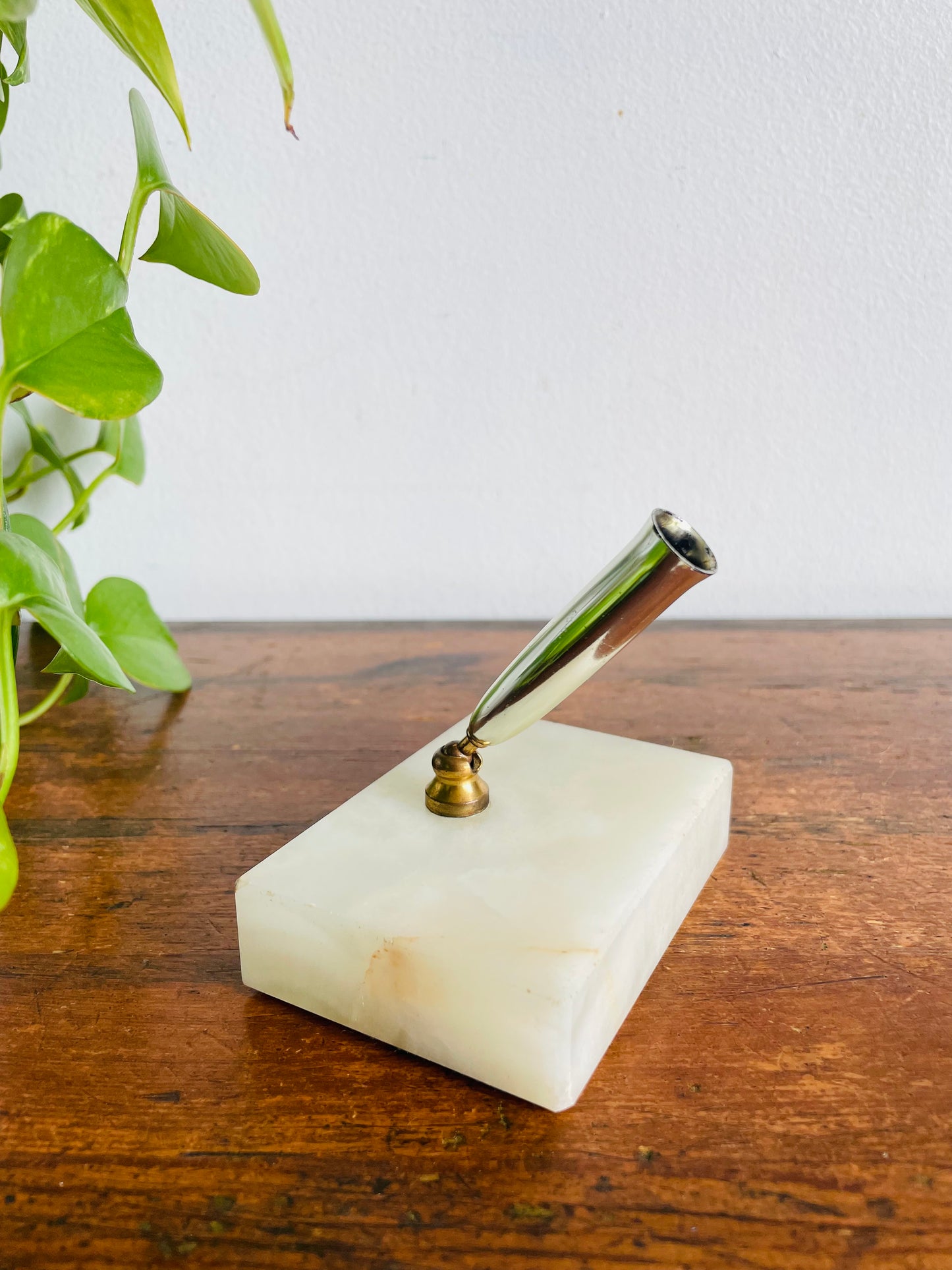 Vintage Pen Holder with Alabaster Marble Stone Base