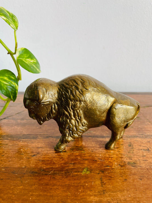 Vintage Extremely Solid & Heavy Brass Buffalo Statue Figurine - 3 lbs.