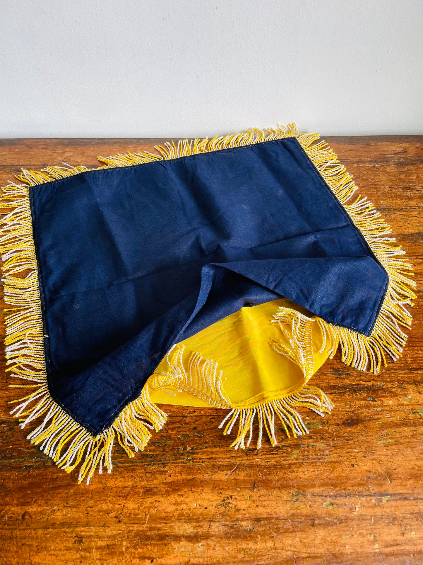 Vintage 1940s WW2 Churchill Manitoba Canada Navy Blue & Yellow Souvenir Throw Pillow Cushion Cover with Velvet Deer in Forest Design & Fringe - Pillowcase Only