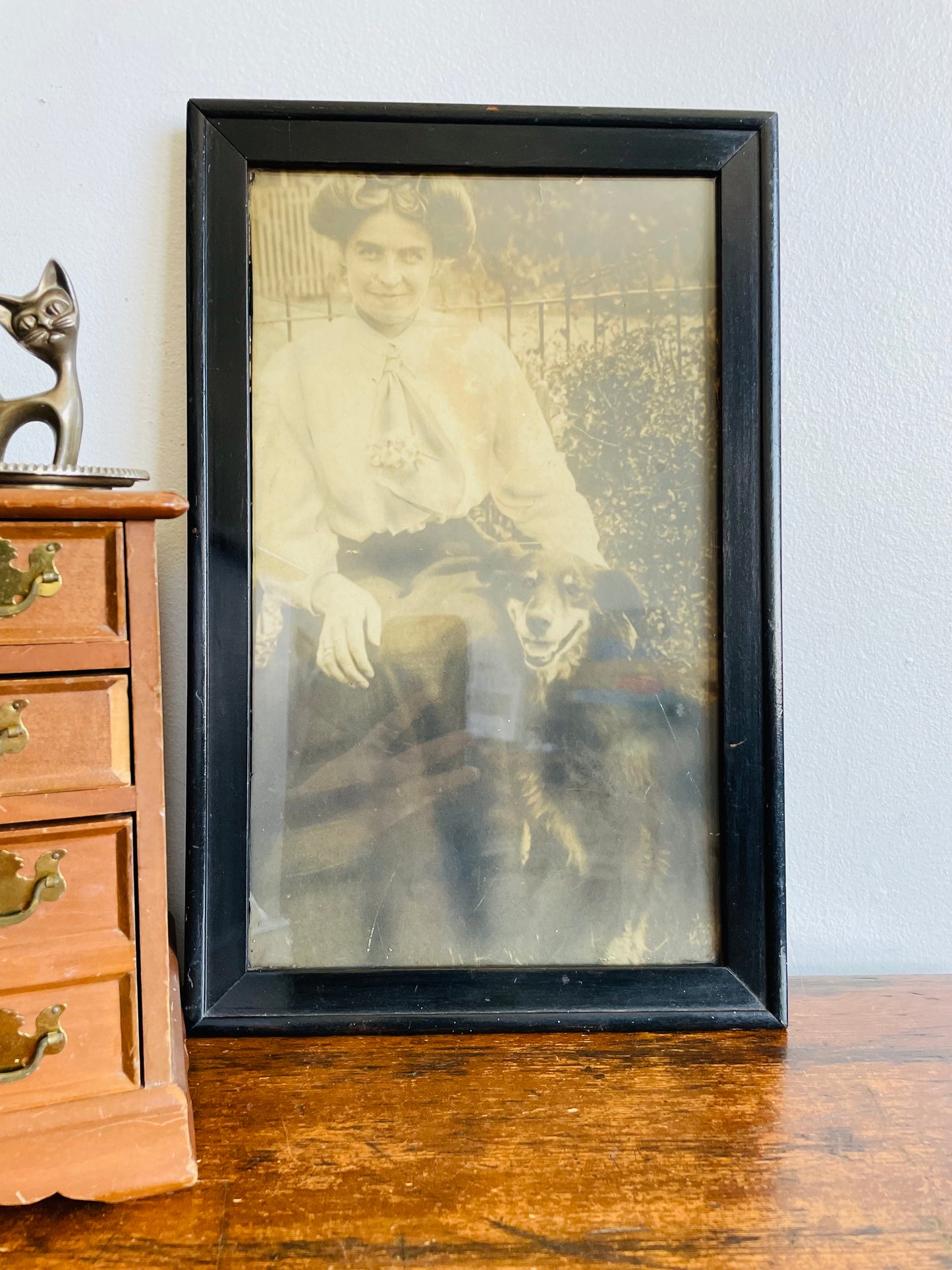 Antique Framed Sepia Photograph Picture of a Woman & Her Dog - Late 1800s / Early 1900s