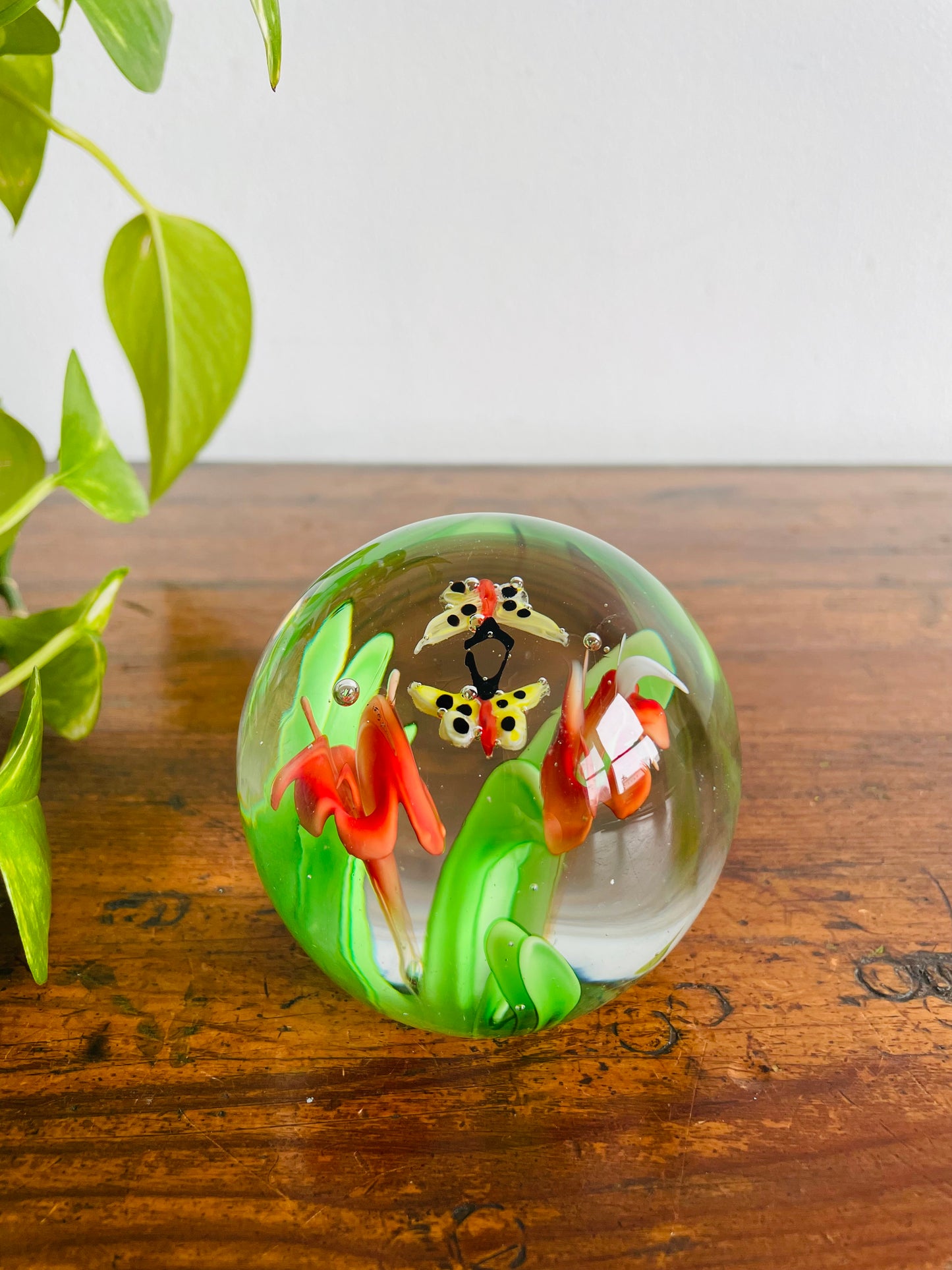 Italian Murano-Style Blown Glass Paperweight with Butterflies & Flowers