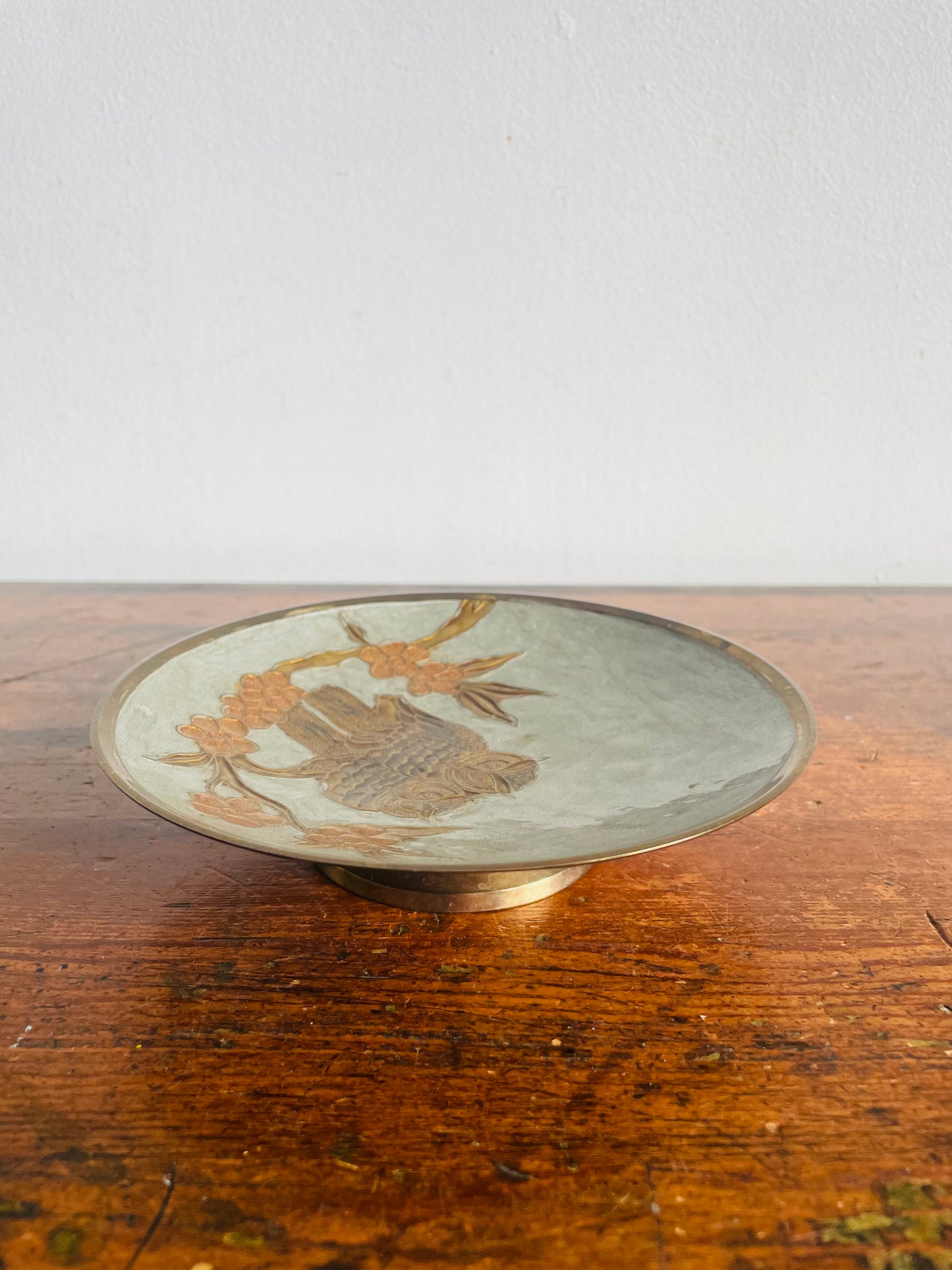 Vintage Enamelled Brass Footed Pedestal Bowl Dish with Pair of Owls Perched on Cherry Blossom Tree Branch Design