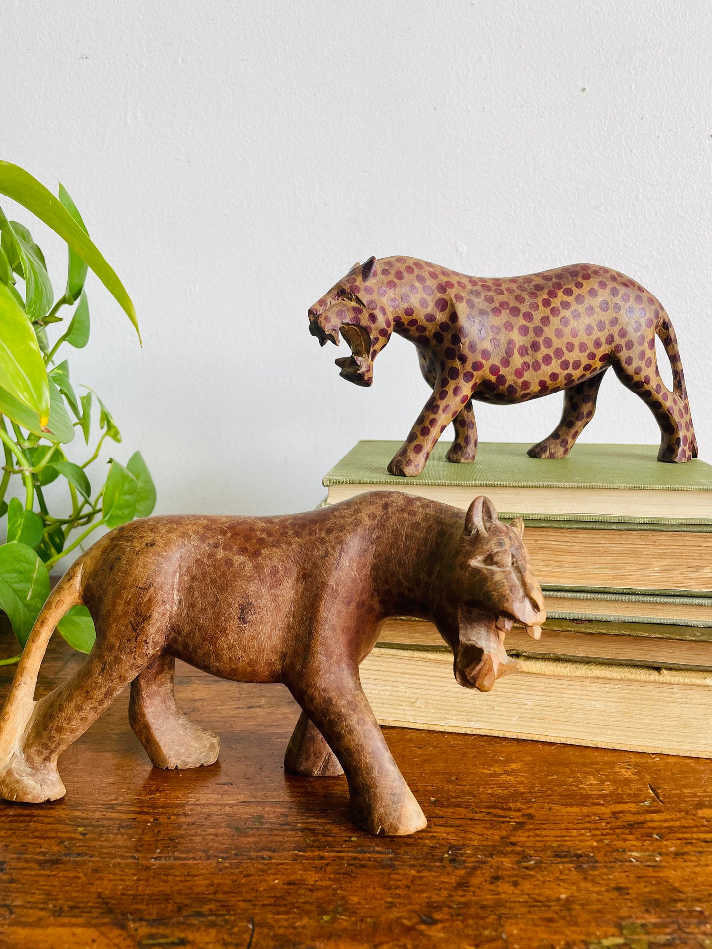 Vintage Hand Carved Wood Prowling Spotted Leopard Big Cats - Set of 2