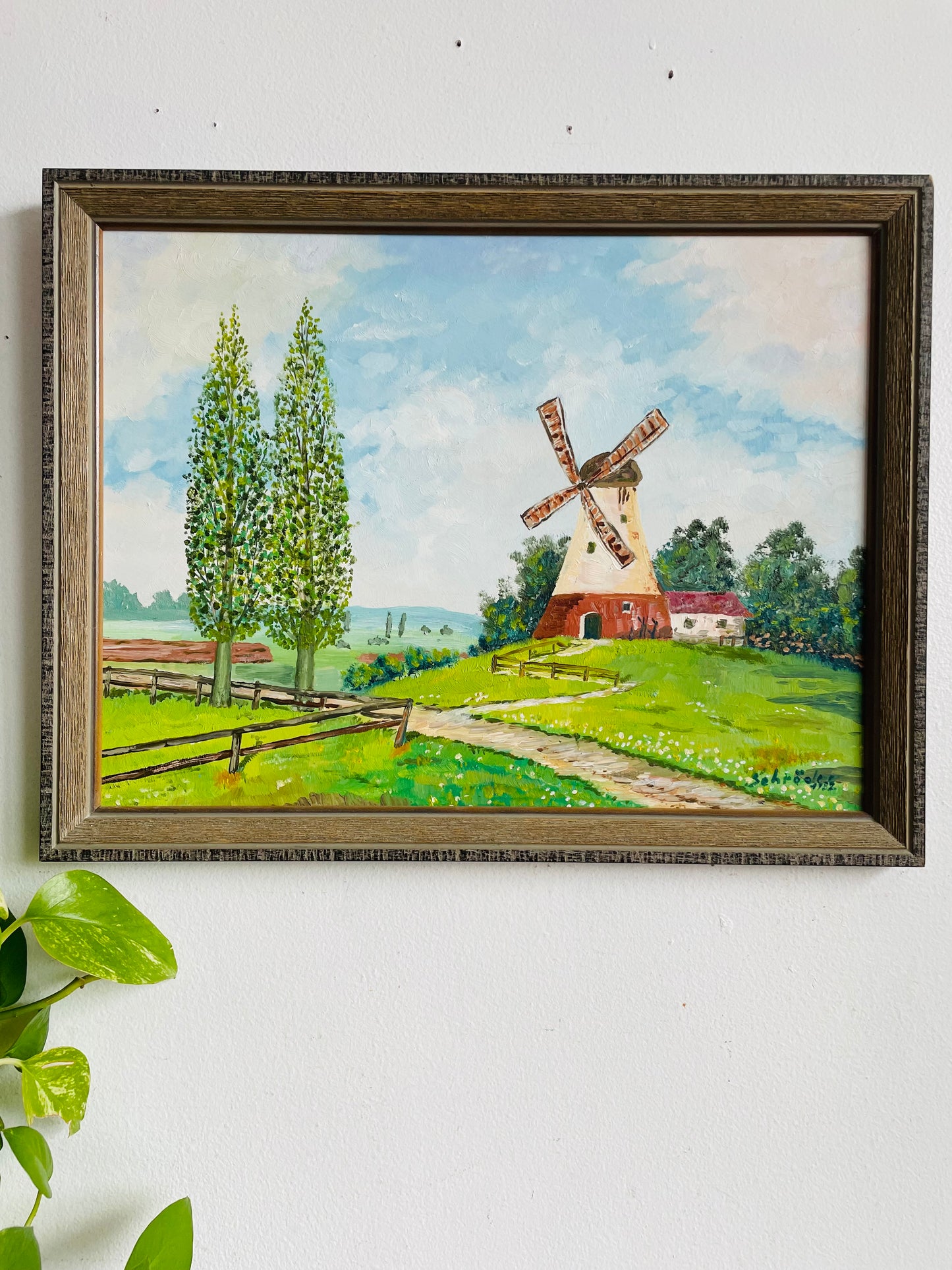 Vintage 1982 Original Art Painting of Dutch Countryside Scene - Green Grass Meadow & Windmill Cottage - Artist Signed