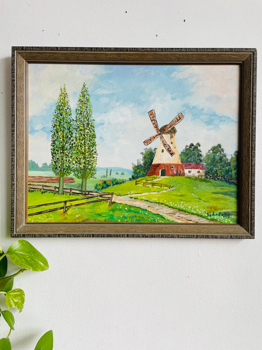 Vintage 1982 Original Art Painting of Dutch Countryside Scene - Green Grass Meadow & Windmill Cottage - Artist Signed
