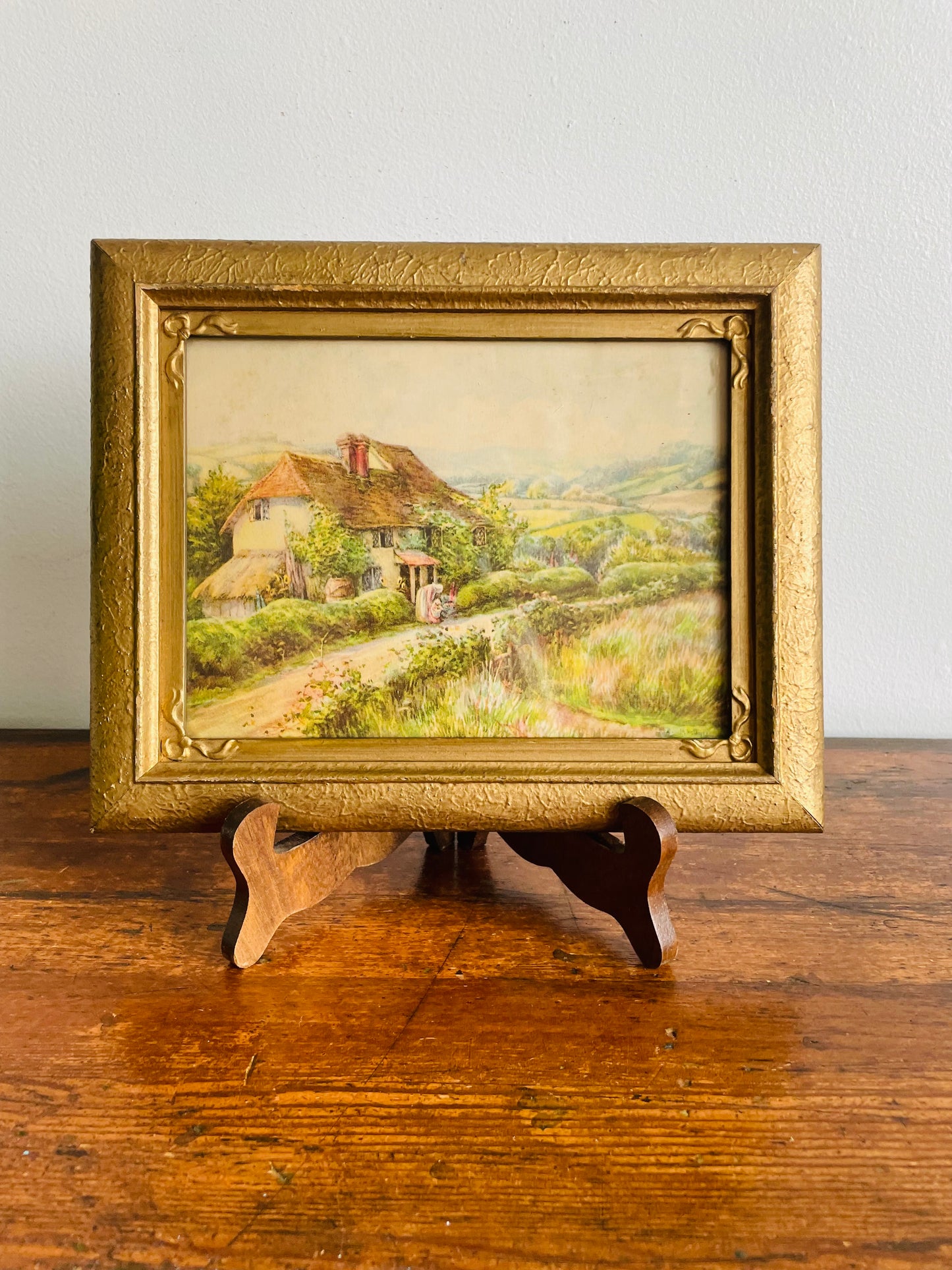 Framed Country Cottage Scene Print with Thatched Roof House, Woman & Child