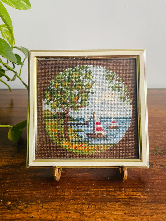 Vintage Mini Needlepoint Embroidery Picture in Square Frame - Summer Season - Red & White Sailboats in Lake