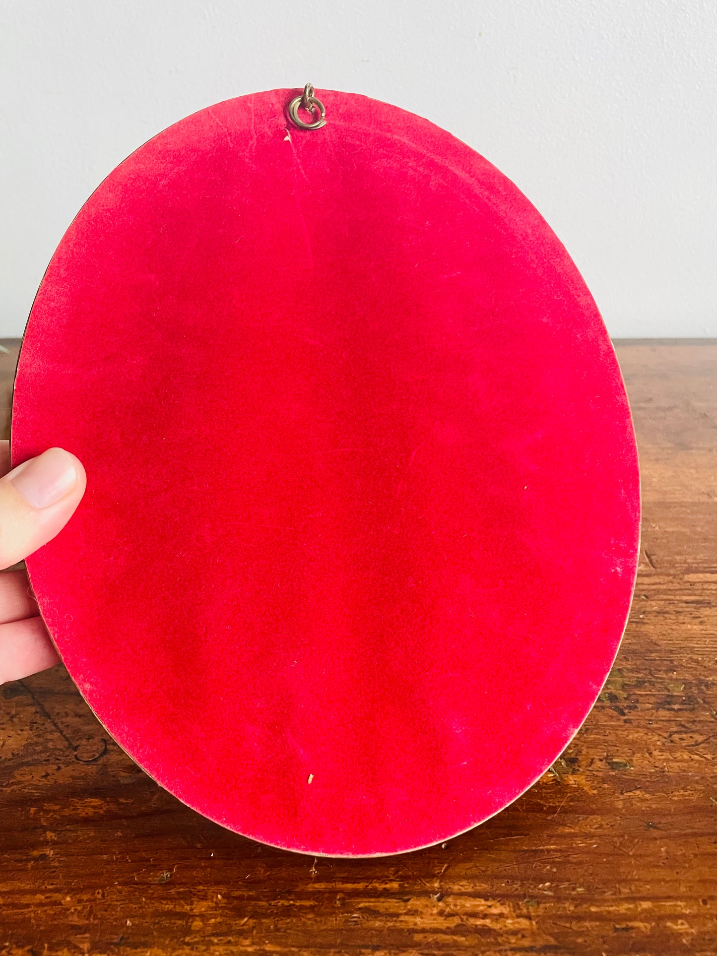 Vintage Needlepoint Embroidery Picture in Gold Oval Frame - Girl in Pink Dress Reading to Her Dog